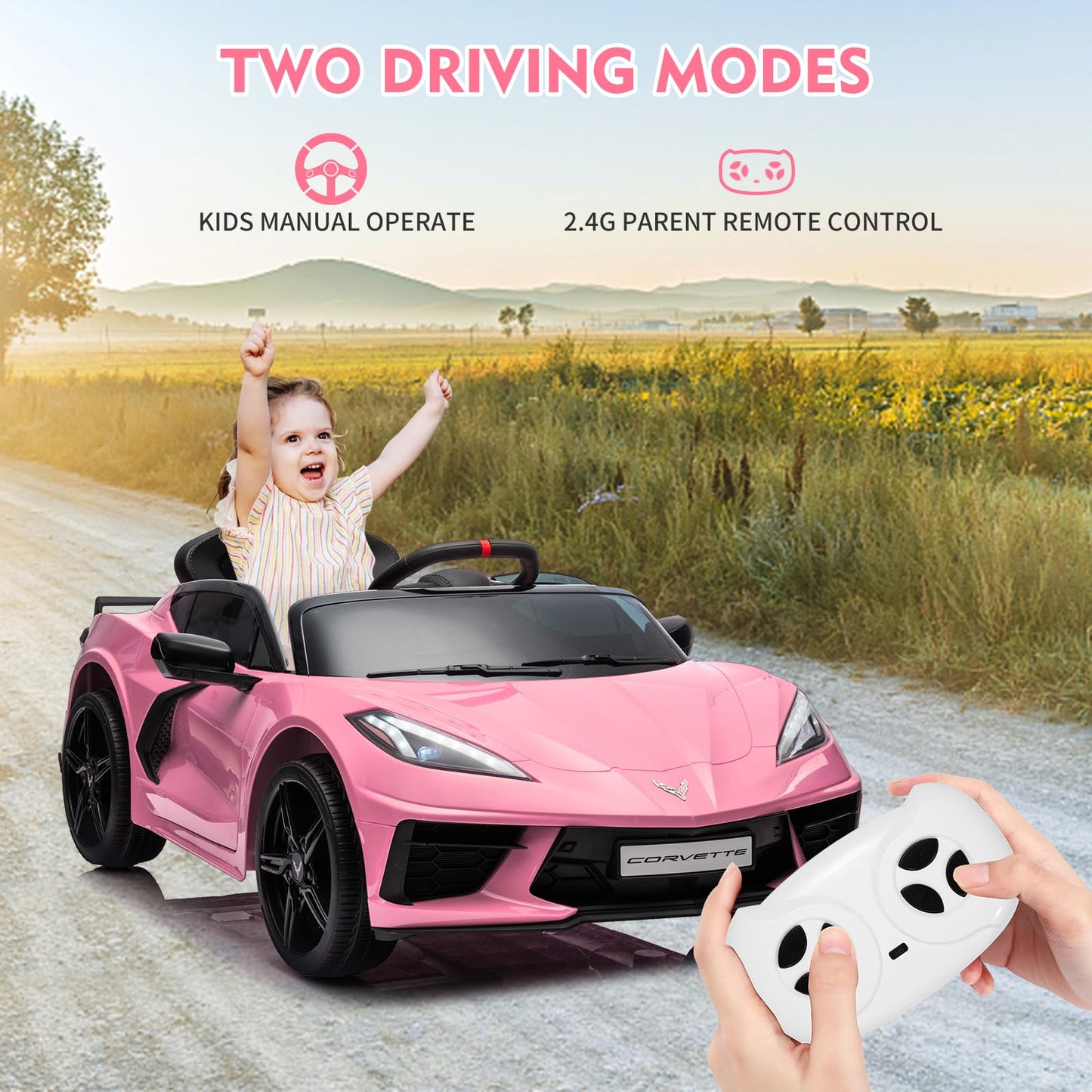 Garvee Ride - P Series: 12V Kids Ride on Car Licensed Corvette Battery Powered Car Toddles Electric Sports Car Toy with Remote Control, Visual Dashboard, LED Lights, Music, Gifts for Boys Girls, Pink