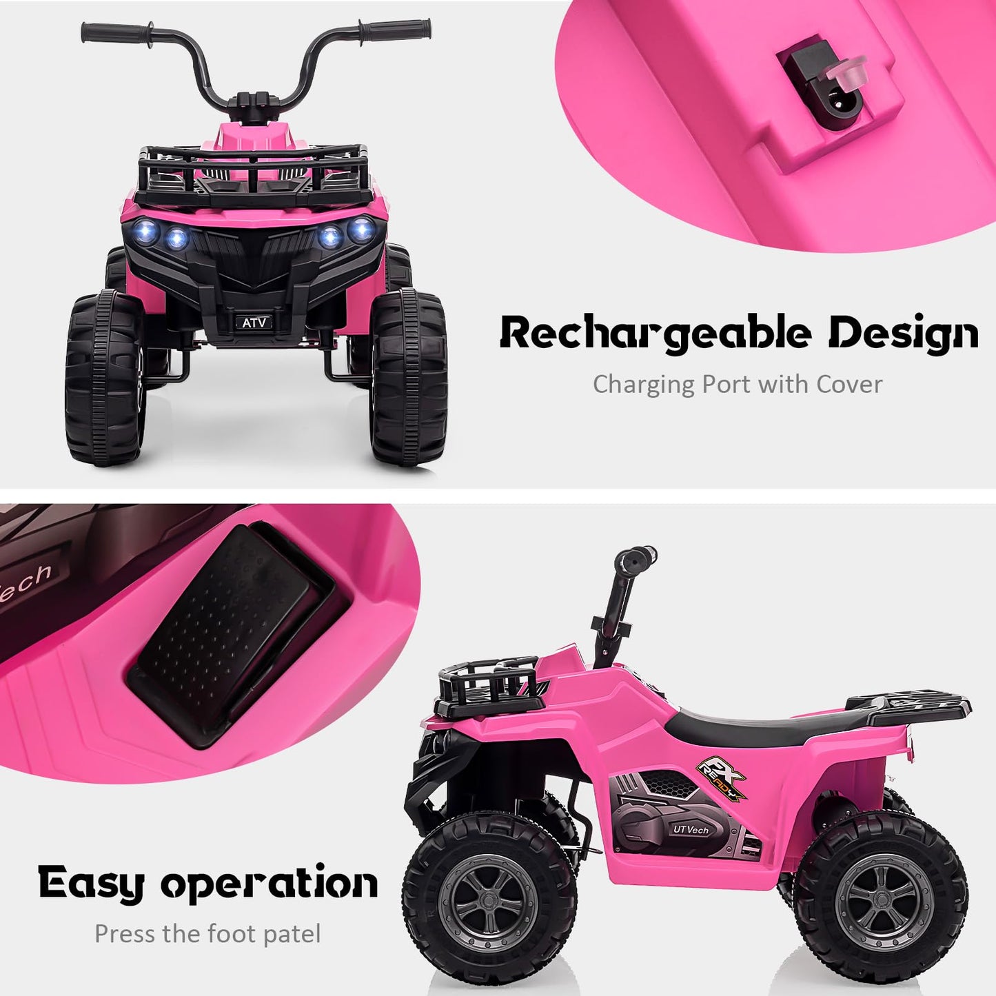Garvee Ride - P Series: 12V Kids Ride On Electric ATV, Ride Car Toy with Bluetooth Audio,High/Low Speed, LED Headlights, Battery Indicator & Radio Orange - Pink