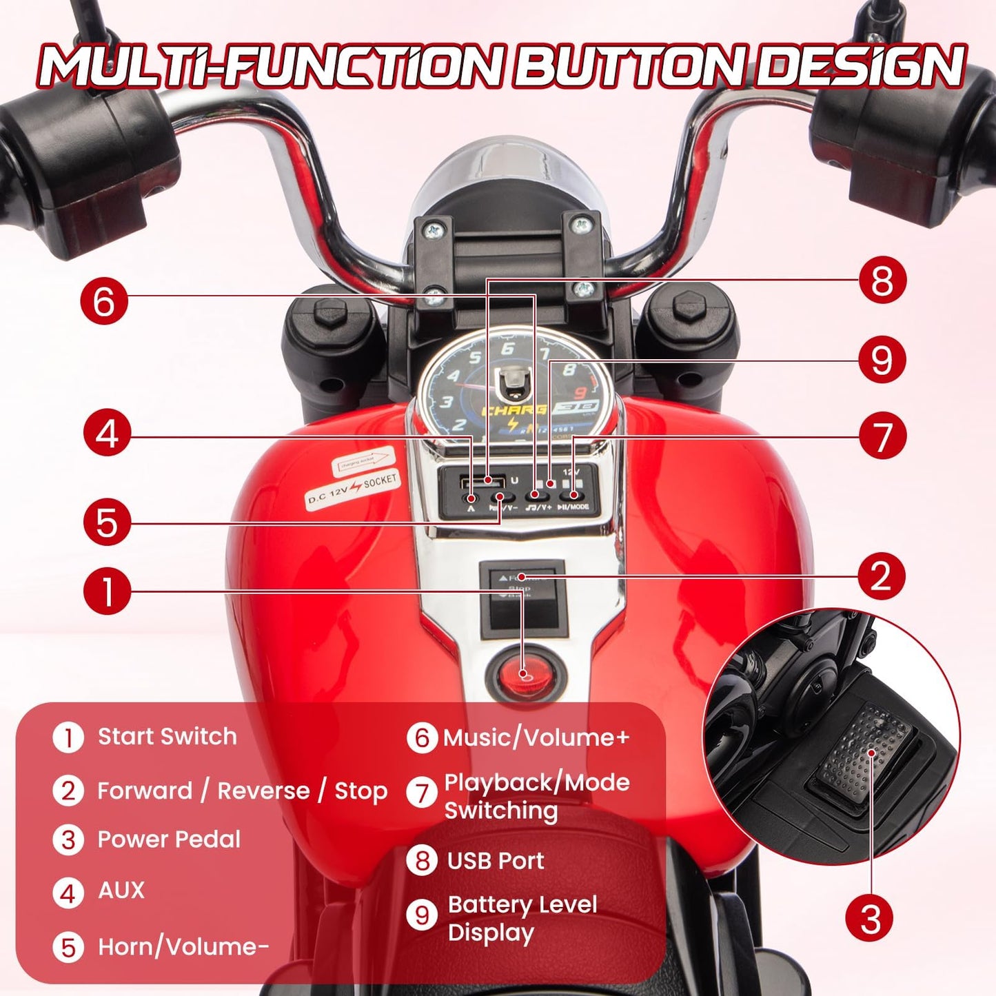Garvee Ride - P Series: 12V Electric Motorcycle for Kids with Detachable Training Wheels, Soft Start, Reverse Function, Headlight, Horn, Music - Red, Toddler Ride-On Toy