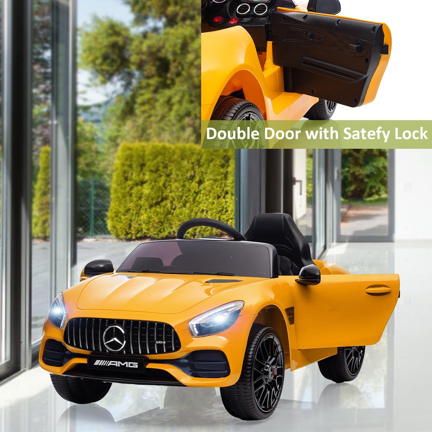 Garvee Ride Car for Kids, 12V Power Battery Electric Vehicles for 3-7 Toddlers, Licensed Mercedes-Benz with Remote Control, MP3 Player - Yellow