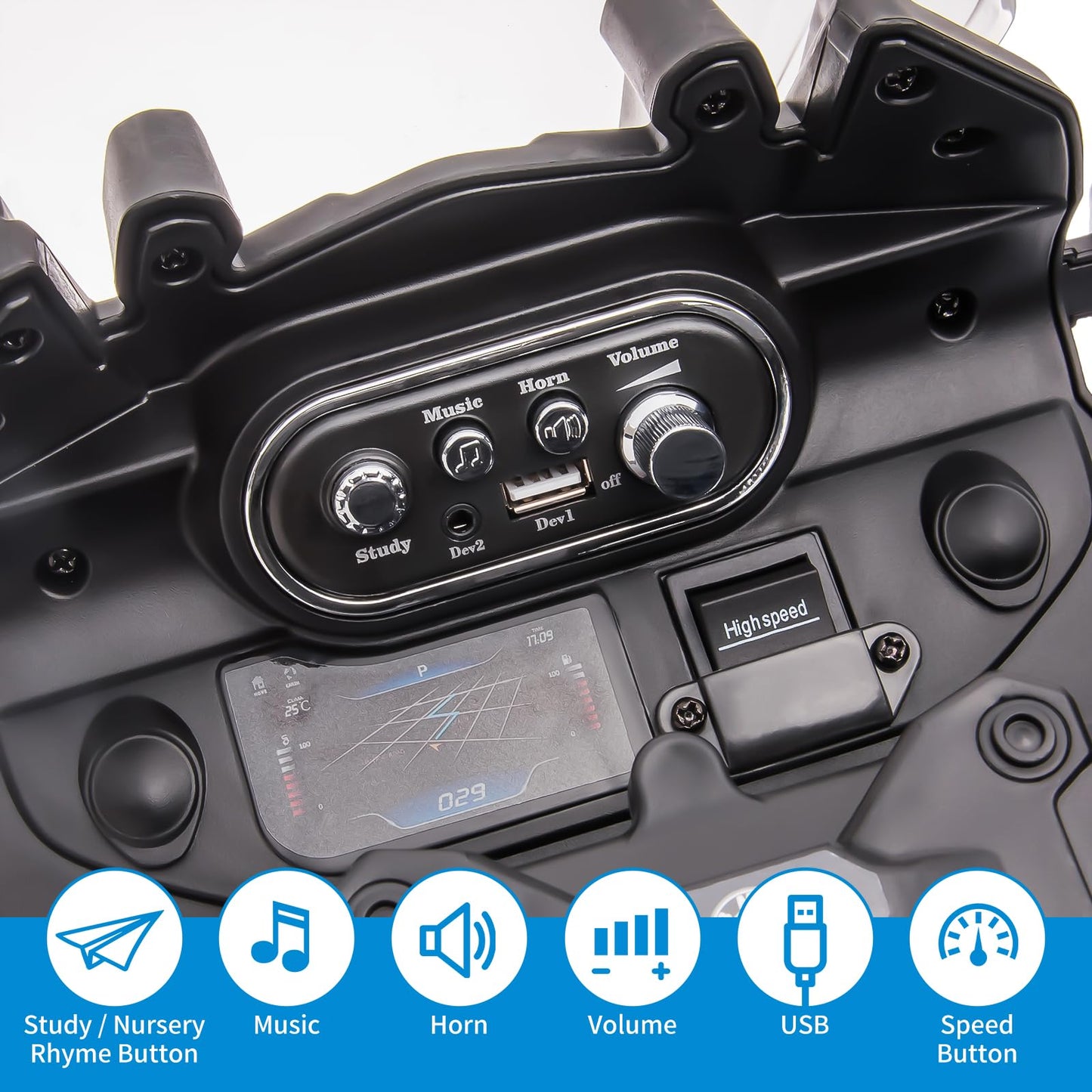 Garvee Ride - P Series: 12V 7AH Kids Motorcycle + Licensed BMW + High/Low Speed, EVA Tire + LED Headlights, Spring Suspension + Music, Storage + Boys and Girls