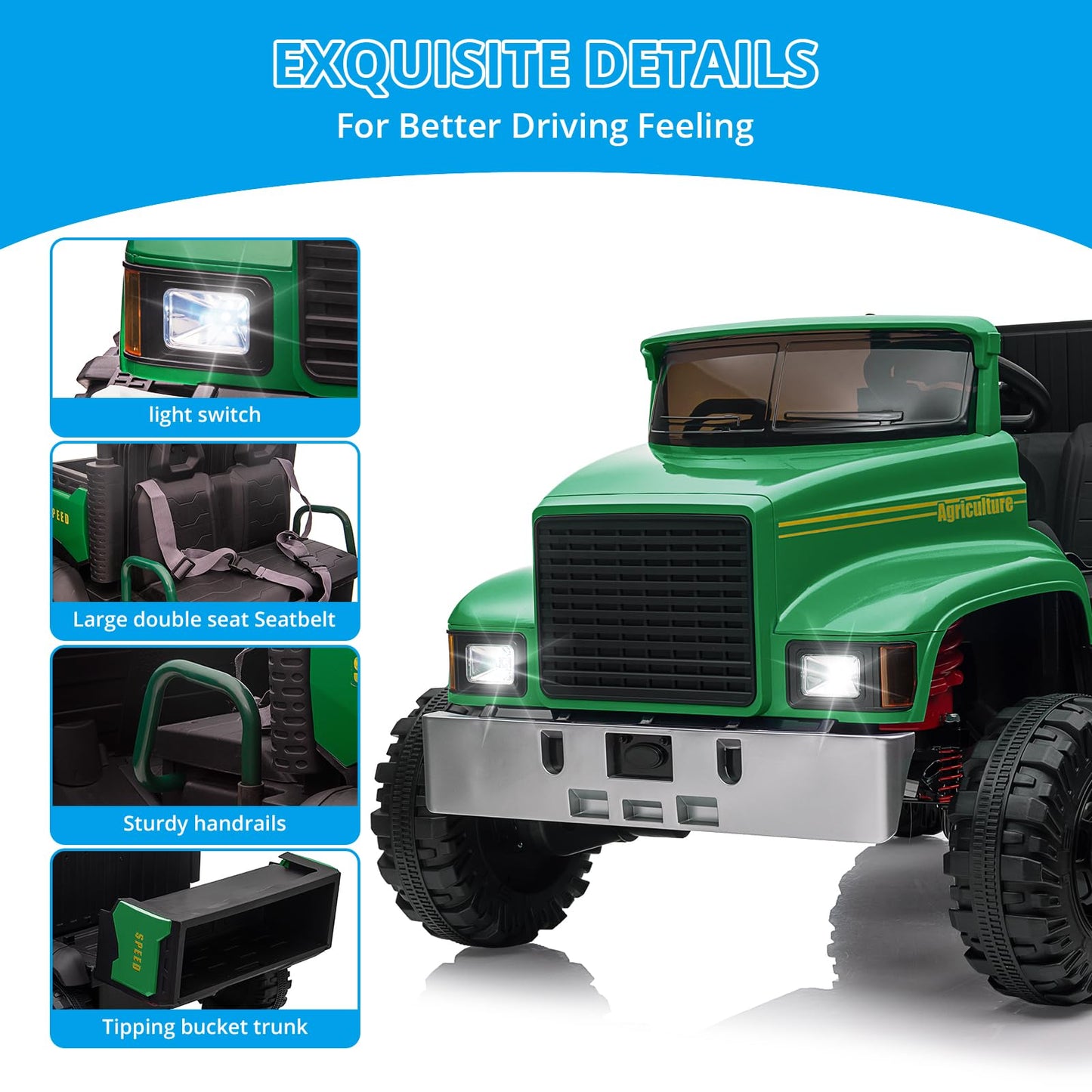 Garvee Ride - P Series: 24V Ride On Truck with Remote Control Electric UTV Vehicles with Dump Bed, 4WD Power 4x200W Motors,4xSpring Suspension, 3 Speeds, 2 Seater Kids Ride On Toys Best Gifts for Kids - Green