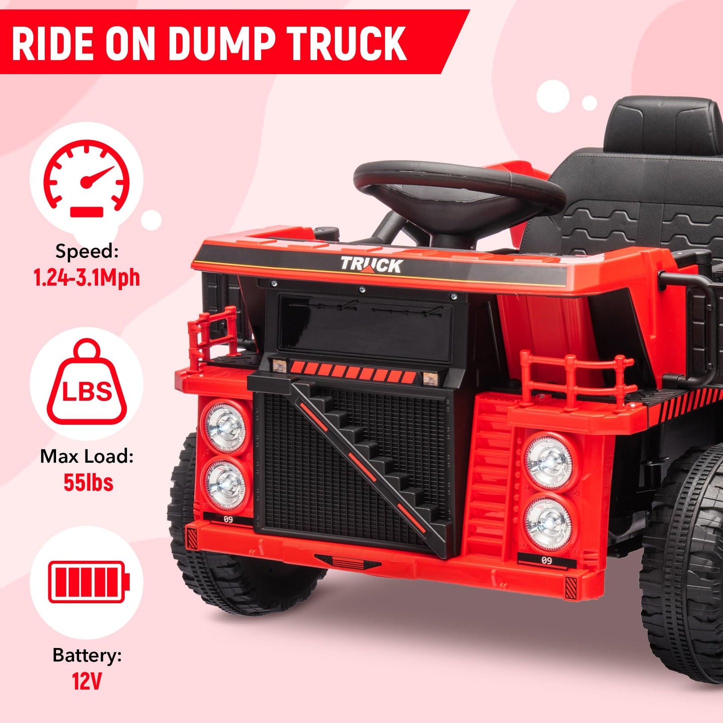 Garvee Ride - P Series: 12V Ride On Construction Vehicle for Kids With Remote Control, Electric Dump Bed,Shovel,Music Player, and Four Wheel Shock Absorption for Kids 3+(Red)