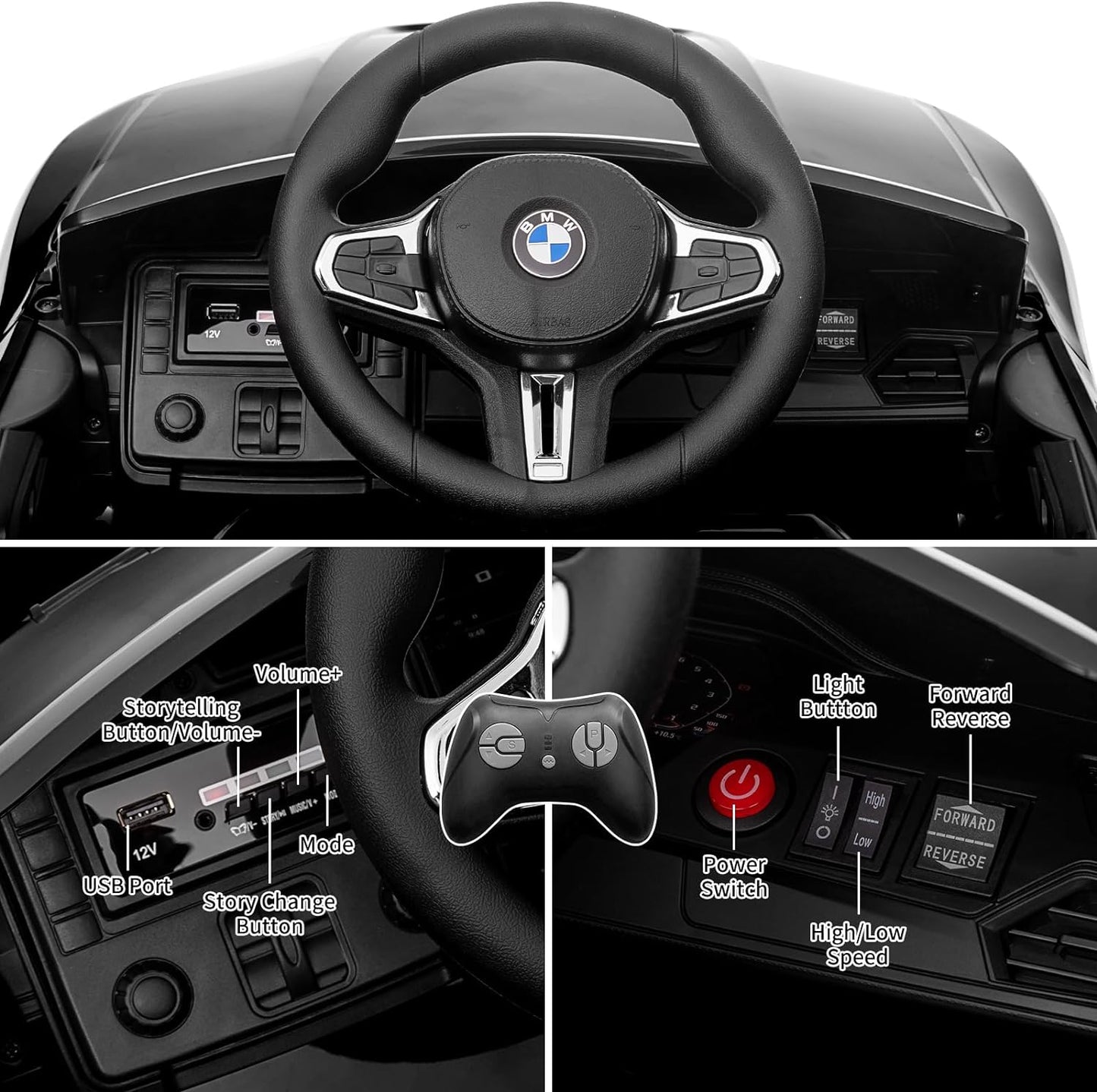 Garvee Ride - P Series: 12V Electric Ride On Car for 37-83 Months, w/RC,Licensed by BMW M4,Power Wheels for Boys Girls, with Suspension System,3 Speeds, Bluetooth, MP3, Double Door, LED Light - Black
