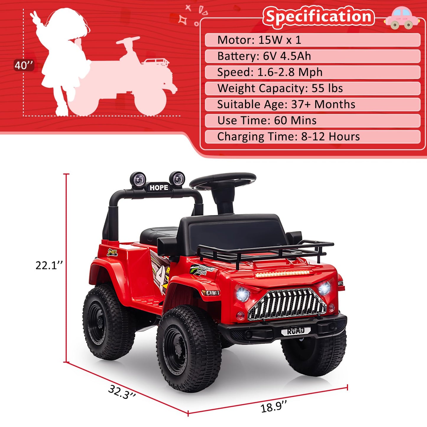 Garvee Ride - P Series: 6V Ride On Car for Toddlers - Battery Powered Electric Car with Music, LED Light, FM, Horn, Rear Storage, 4 Wheels - Red