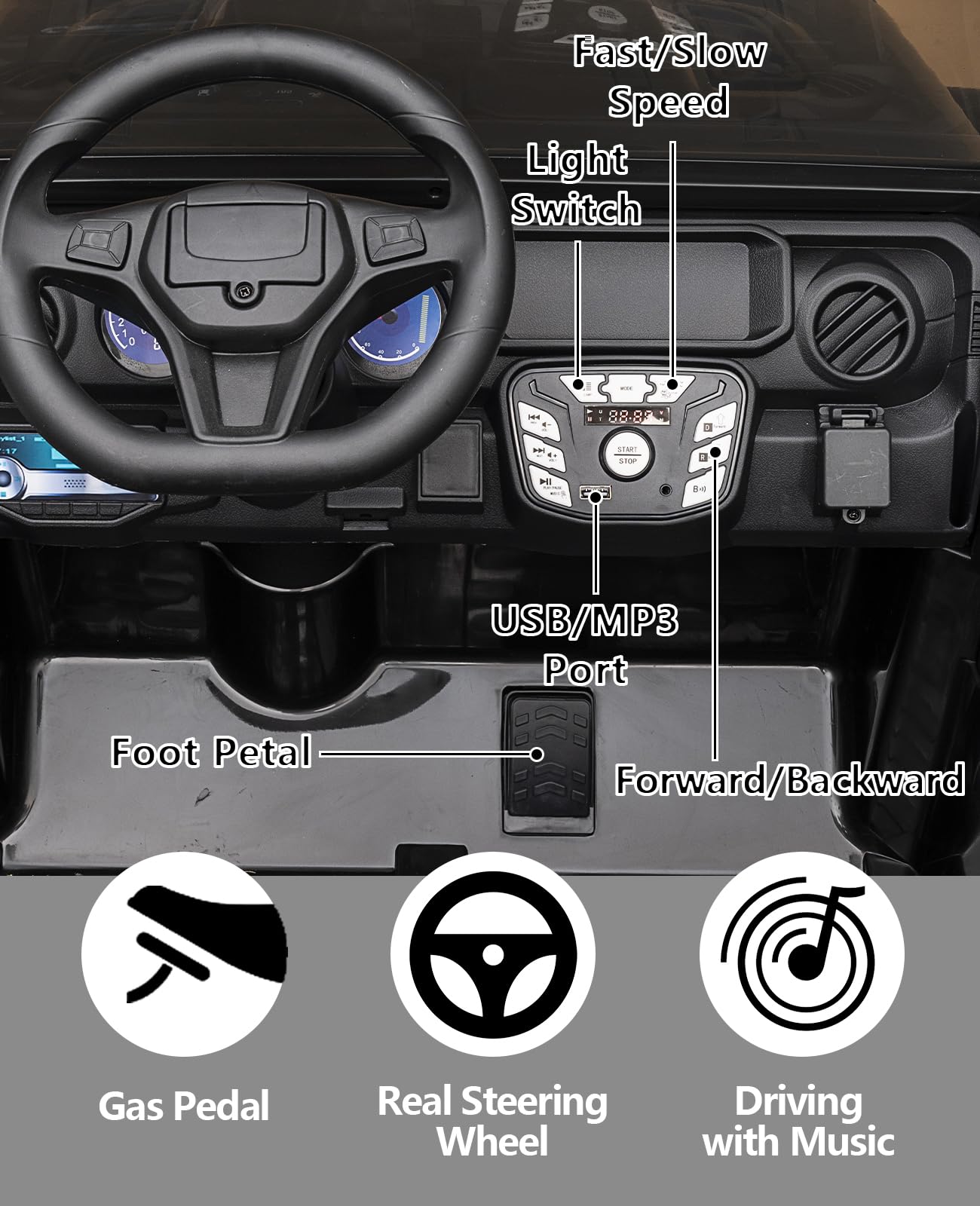 Garvee Ride - P Series: 24V Ride On Car 2 Seater For Kids Age 3+ , XL Electric Vehicles for Big Kids with 20" Wide Seat, 3 Speed, 2x200W Powerful Motor, Suspension, Bluetooth, Music,Power Wheels with Parent Control for Kids to Drive - Black