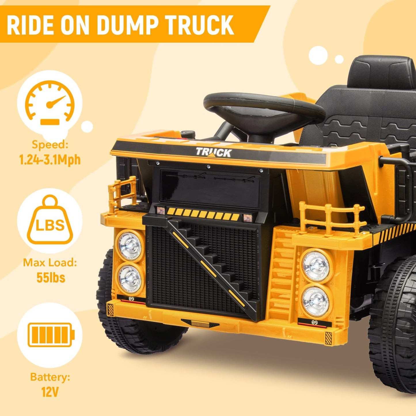 Garvee Ride - P Series: 12V Ride On Construction Vehicle for Kids With Remote Control, Electric Dump Bed,Shovel,Music Player, and Four Wheel Shock Absorption for Kids 3+(Yellow)