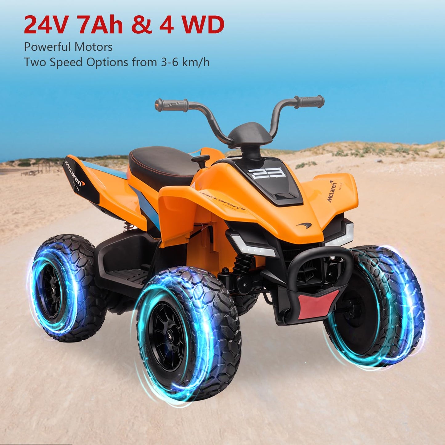 Garvee Ride - P Series: 24V Battery Powered Kids Electric Vehicle, 4 Wheeler Quad w/Headlights,MP3,USB,Volume Control, Large Seat, Electric Ride on Toys Best Gifts for 18-36 Months Boys and Girls (Orange)