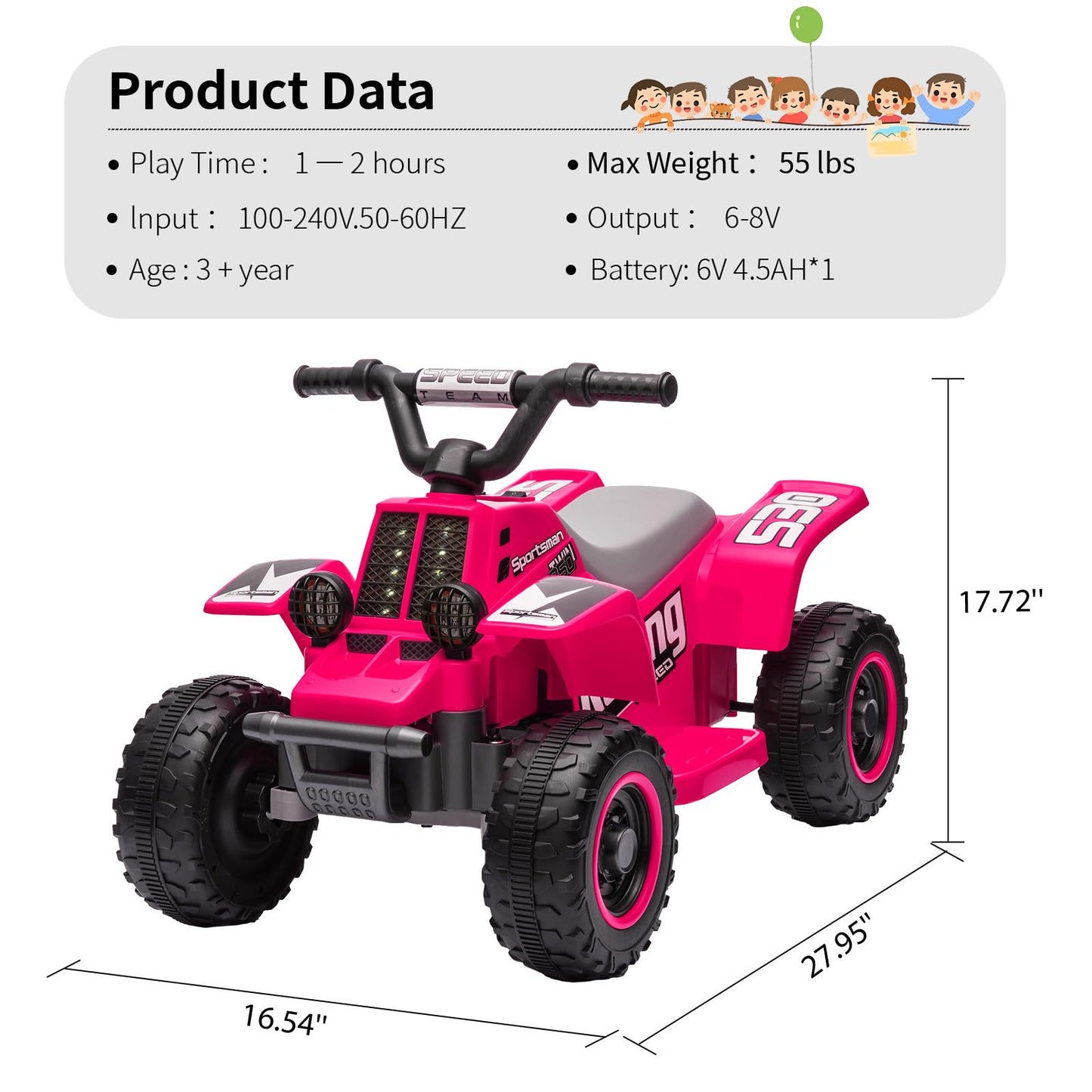 Garvee Ride - P Series: 6V Kids Ride On Electric ATV, Ride Car with LED Headlights, Ride-On Toy for Toddlers 1-3 Boys & Girls with Music, Forward & Reverse - Rose