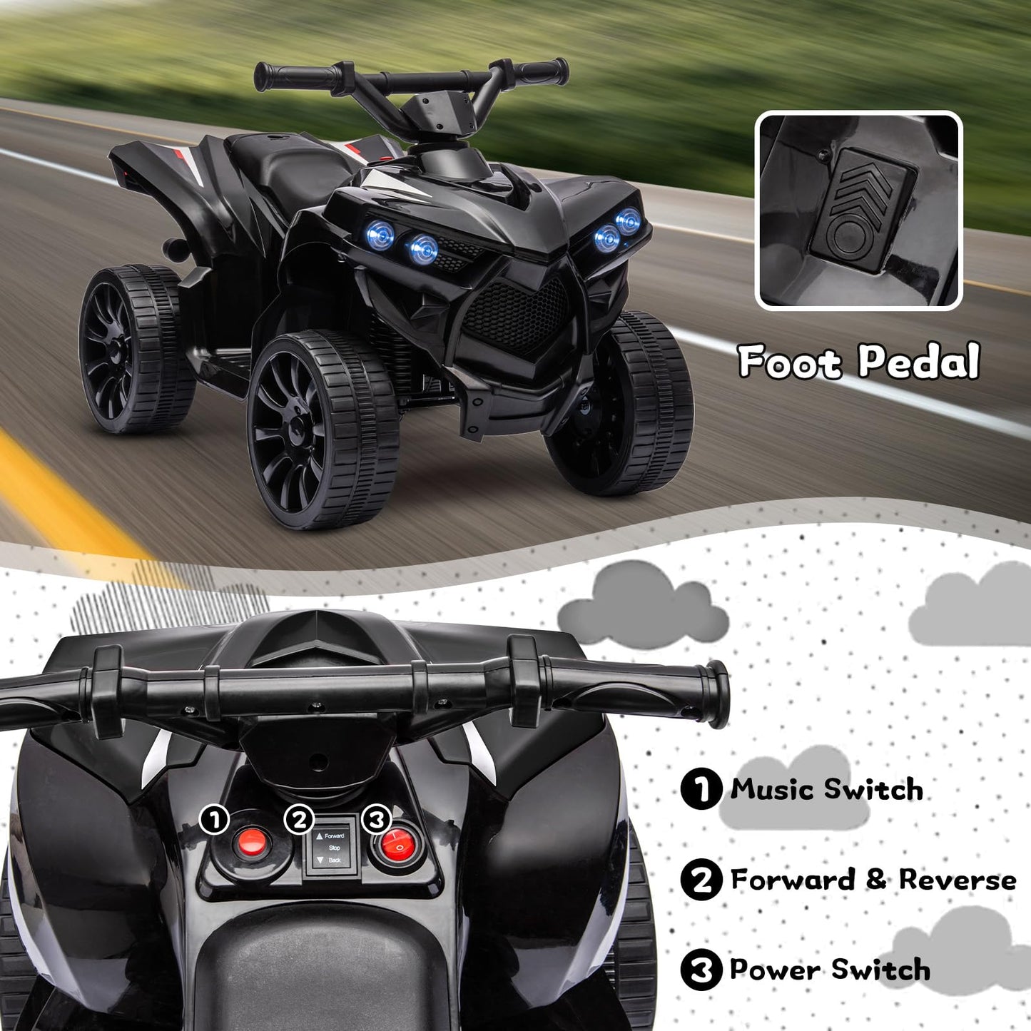Garvee Ride - P Series: 6V Quad ATV for Kids Toddler 3+ years, Max 55lb Capacity ，With LED, Music, Foot Pedal, Wear-Resistant Wheels, 1.9 MPH - Black