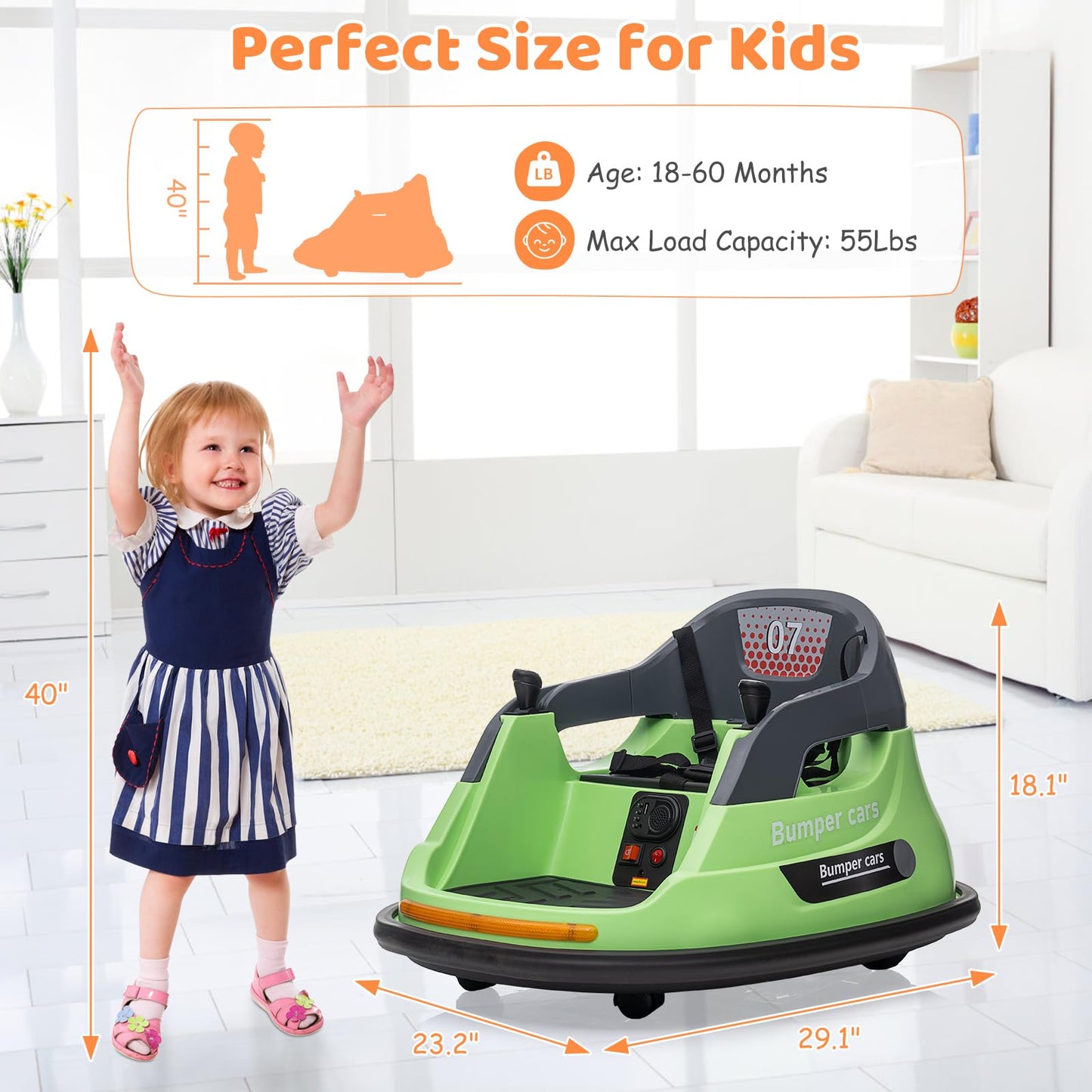 Garvee Ride - P Series: 12V Kids Bumper Car with Remote Control, LED Lights & 360 Degree Spin, Indoor and Outdoor Kids Toy for 18+ Months Kids - Green
