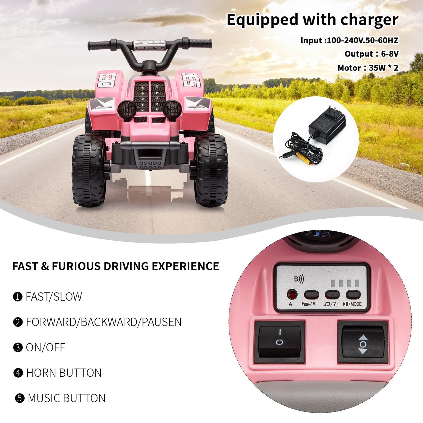 Garvee Ride - P Series: 6V Kids Ride On Electric Quad ATV, Ride Car with LED Headlights, Ride-On Toy for Toddlers 1-3 Boys & Girls with Music, Forward & Reverse - Pink