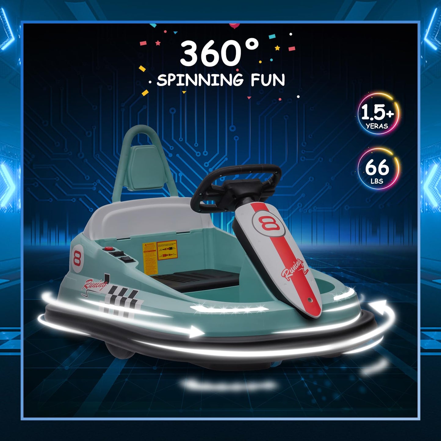 Garvee Ride - B Series: 6V Electric Ride On Toys for Kids 1.5-6 Years Old, Steering Wheel, 360 Degree Spin, 2-Speeds, Lights, Music & Horn, Safety Belts, Best for Birthday - Green