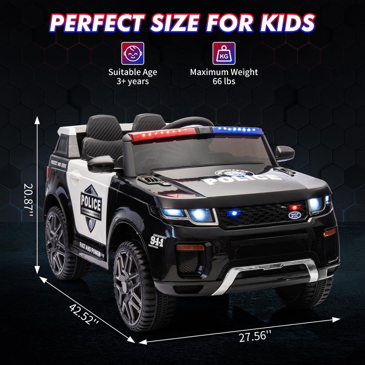 Garvee Ride - P Series: 12V Kids Ride On Police Car Suv Battery Operated Ride On Toy Toddlers Electric Cars With 2.4G Remote Control, LED Flashing Light, Megaphone, Spring Suspension, Handle, Music, Black
