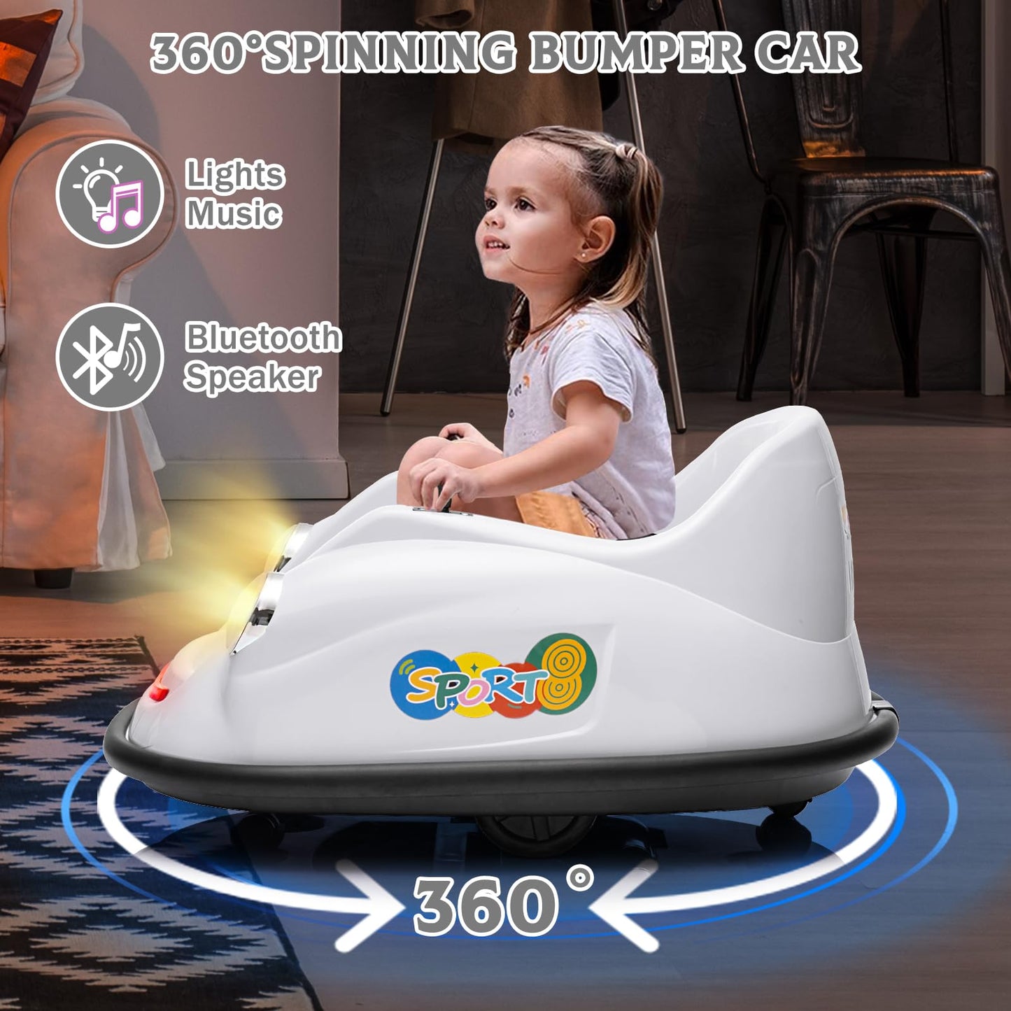 Garvee Ride - P Series: 12V Battery Car for Kids W/Parent Remote, Led Lights, 2-Speed, 360°Spin - White