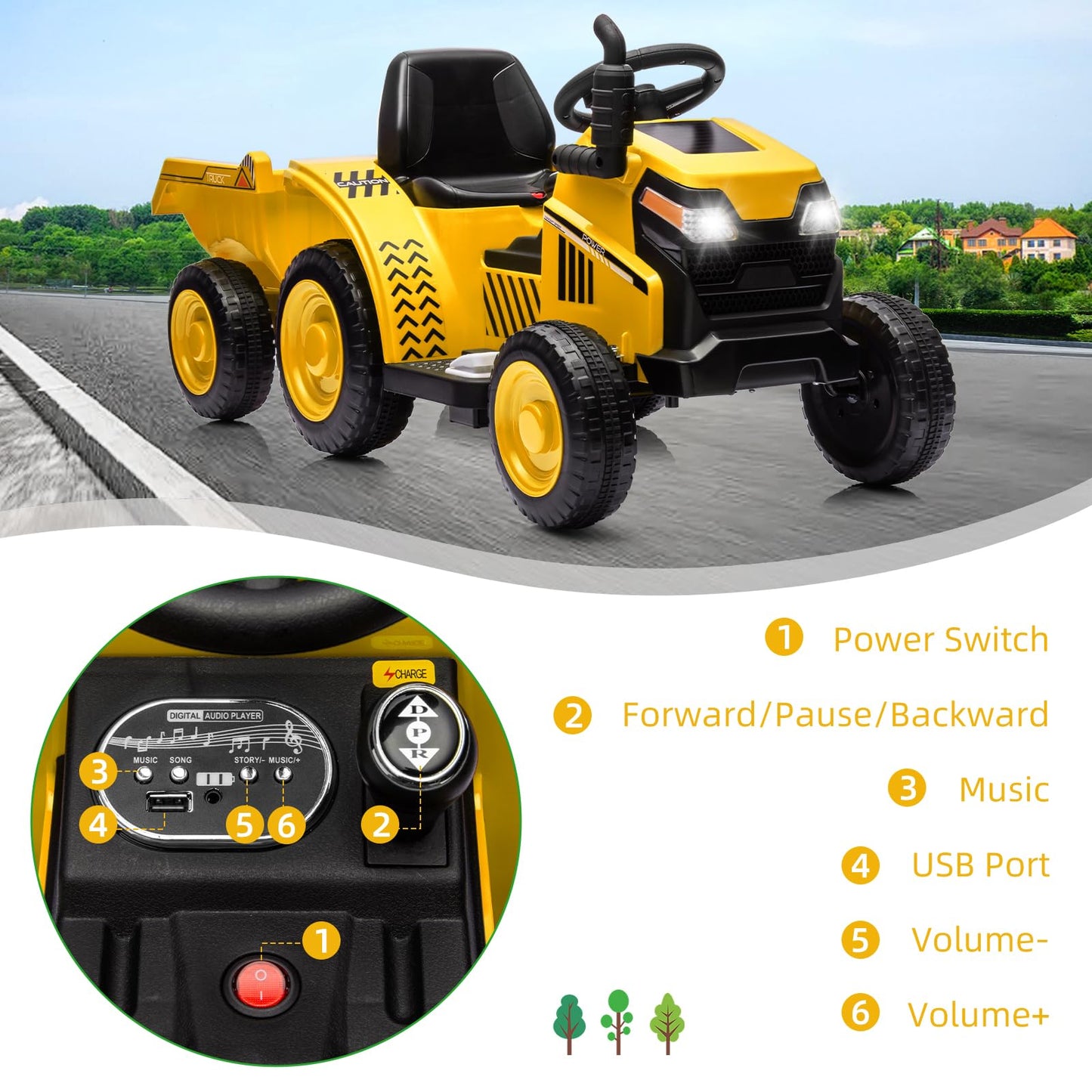 Garvee Ride - P Series: Kids Ride on Tractor with Trailer, Kids’ Electric Vehicles with Wear-Resistant Wheels, LED Headlights, Music & USB Port, Kids Ride on Car Toys for Toddlers Kids, Yellow