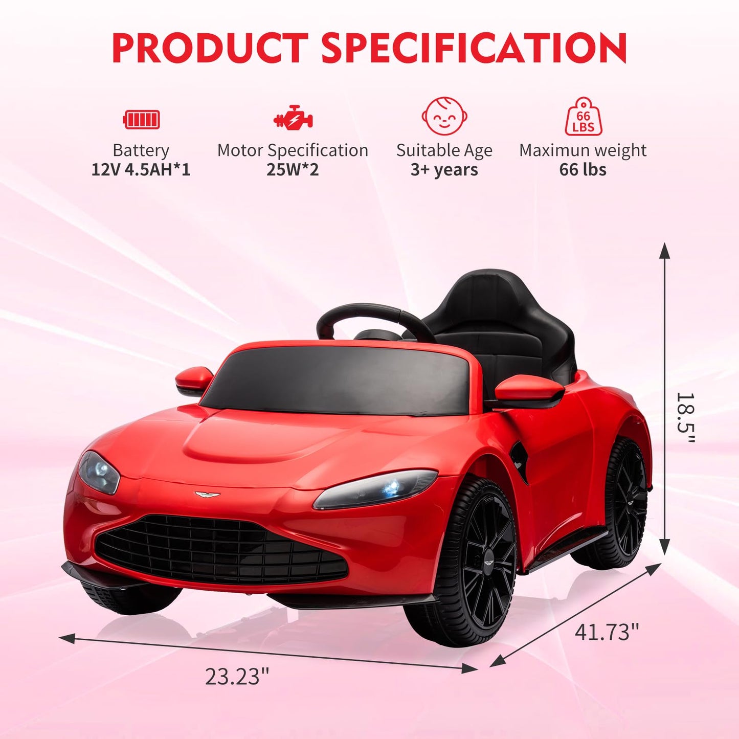 Garvee Ride - P Series: 12V Ride on Sports Car for Kids Licensed Aston Martin Battery Powered Car Toddles Ride on Toy with Remote Control, Horn, Soft Start, LED Lights, Music, USB, Electric Vehicle for Boys Girls (Red)