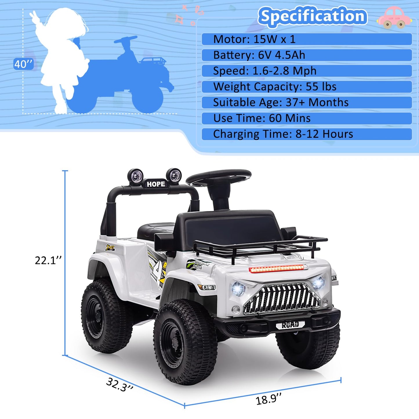 Garvee Ride - P Series: 6V Ride On Car for Toddlers - Battery Powered Electric Car with Music, LED Light, FM, Horn, Rear Storage, 4 Wheels - White