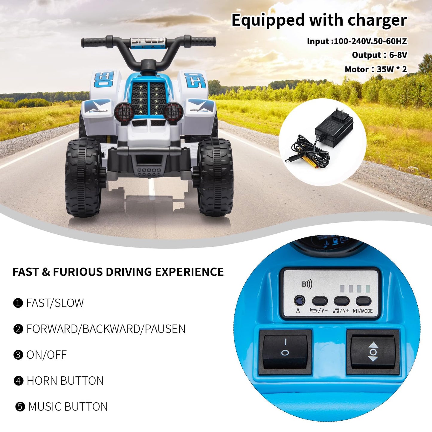 Garvee Ride - P Series: 6V Kids Ride On Electric Quad ATV, Ride Car with LED Headlights, Ride-On Toy for Toddlers 1-3 Boys & Girls with Music, Forward & Reverse - Blue and white