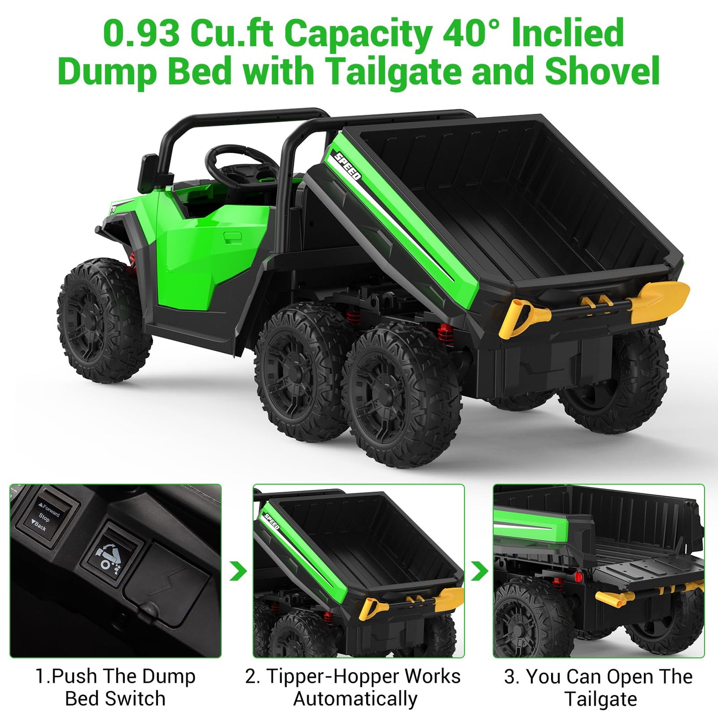Garvee Ride - P Series: 24V 4WD Electric Ride On Dump Truck with Remote Control, 2-Seater, Music Player, LED Lights, Key Start Safety System, Durable Plastic, Off-Road Kids Toy for Ages 3+ - Green