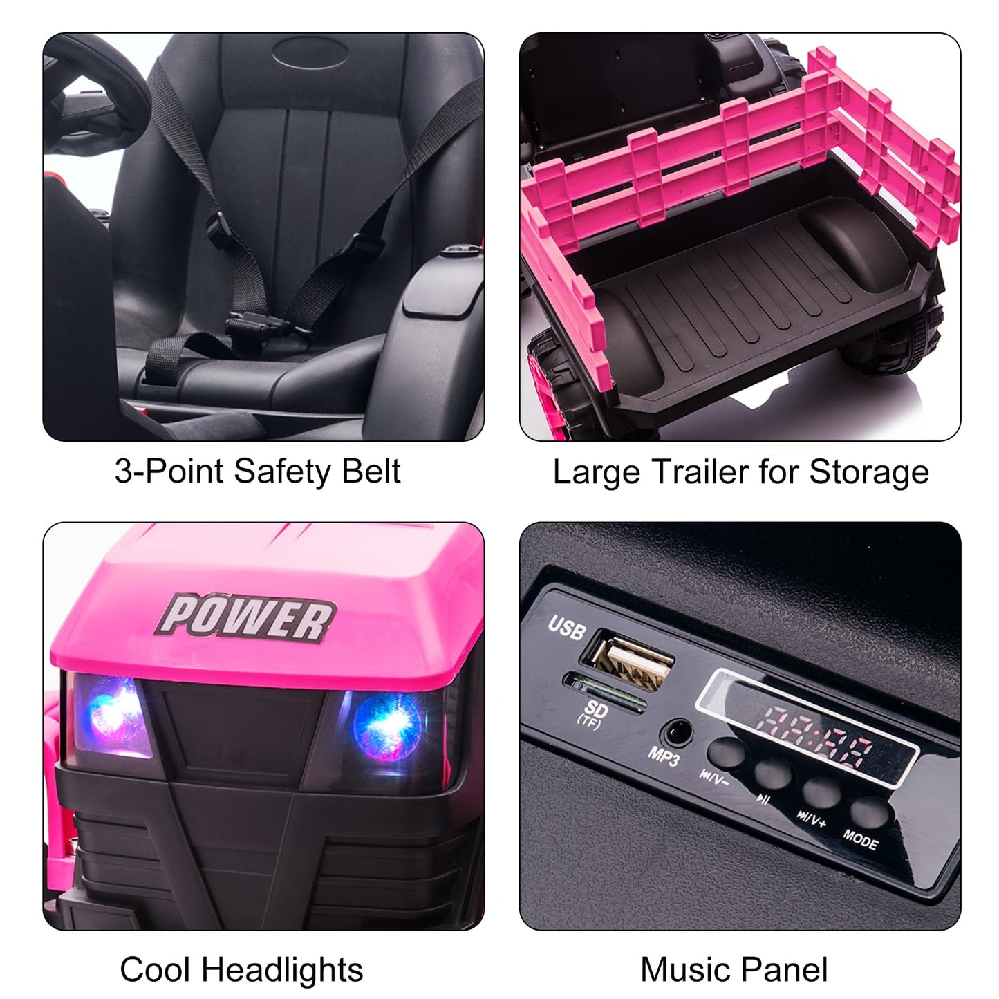 Garvee Ride - P Series: 12V Kids Ride On Tractor with Trailer, LED Lights for Boy Girl - Pink