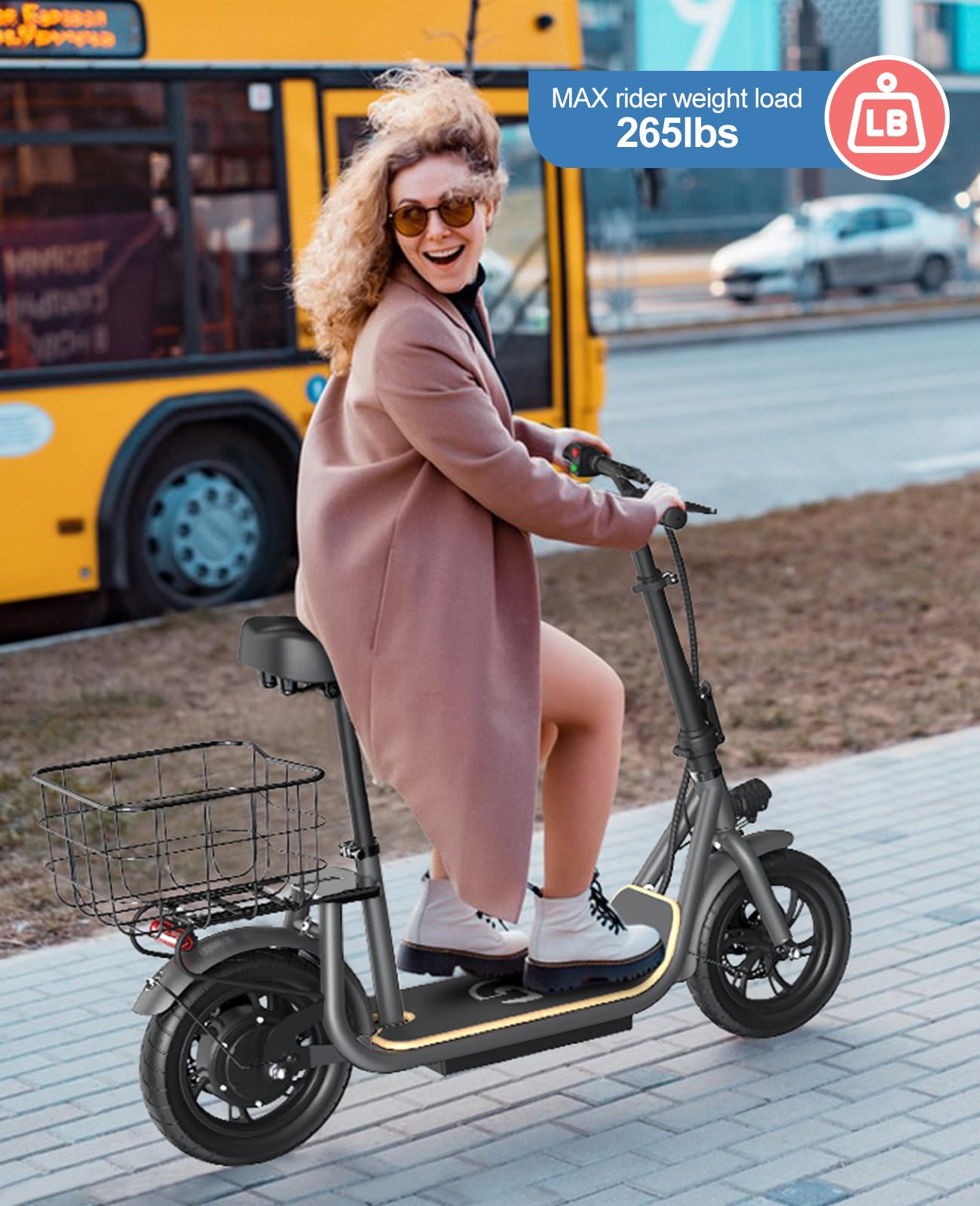 Garvee Ultimate Comfort with Electric Scooter - Long 37.5 Miles Range, 20mph Speed, Powerful 500W Motor, 46V Battery,12" Pneumatic Tire, Adjustable Seat & Deck, Carry Basket