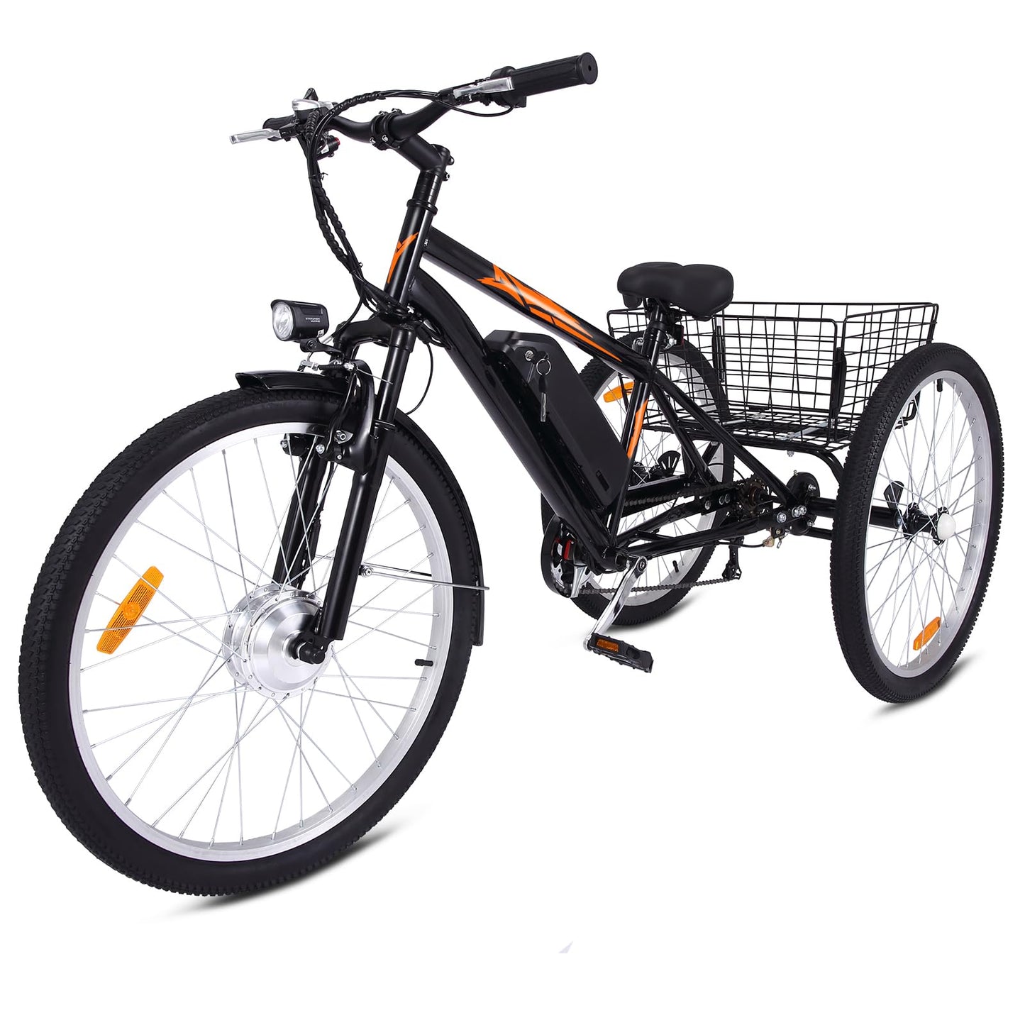 Garvee Adult 3-Wheel Electric Bike, 7-Speed Electric Trike with Basket - Black Orange / 26 inch Wheel