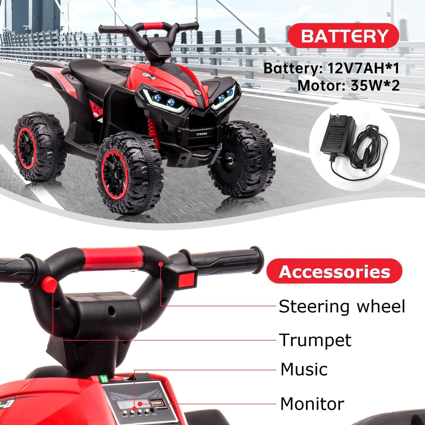 Garvee Ride - P Series: 12V Kids Quad ATV 4 Wheeler with Music, LED Lights for Boys & Girls - Red
