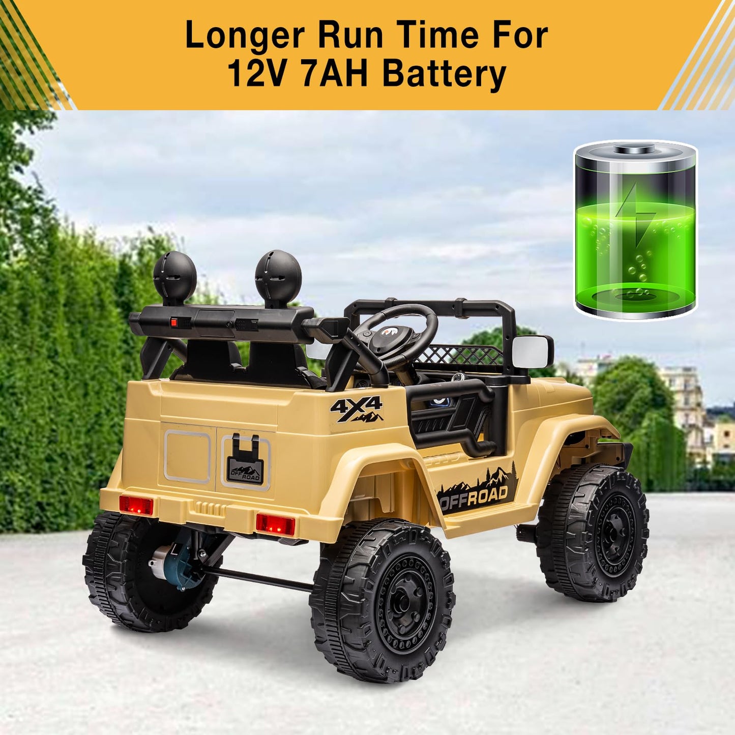 Garvee Ride - P Series: 12V Power Wheel Electric Car for Kids, Ride on Toys with Led Lights Bluetooth, 3 Speeds, Spring Suspension - Yellow
