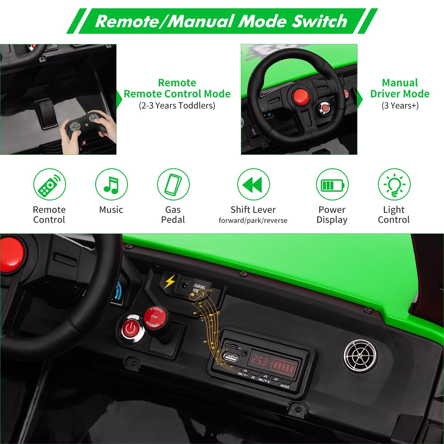 Garvee Ride - P Series: 24V 2-Seater Ride-On UTV: Remote Control, 4WD Motors, 21" Seats + Foldable Seat, 15.4" EVA Wheels, Music, LED Lights, 140lb Max Load - Green