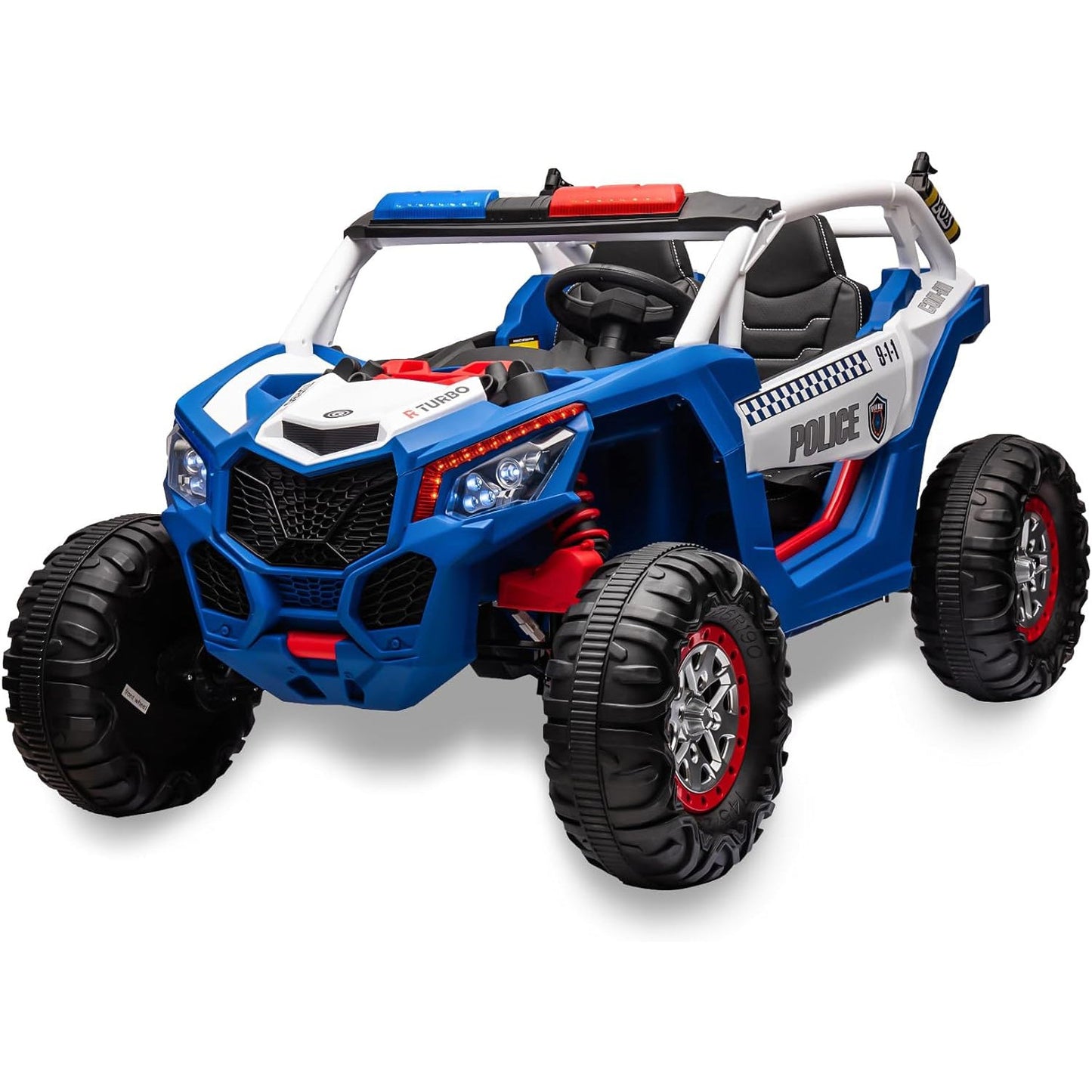 Garvee Ride - P Series: 24V 2 Seater Kids Ride on UTV Car For age 3+, w/Remote Control, 4WD Powerful Electric Vehicle with 4x75W Motors, 4 Shock Absorber, Leather Seat, Music and Light - Blue