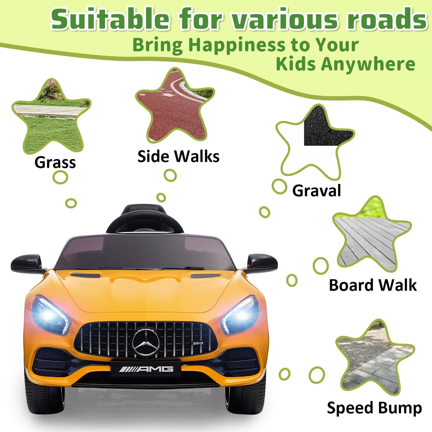 Garvee Ride Car for Kids, 12V Power Battery Electric Vehicles for 3-7 Toddlers, Licensed Mercedes-Benz with Remote Control, MP3 Player - Yellow
