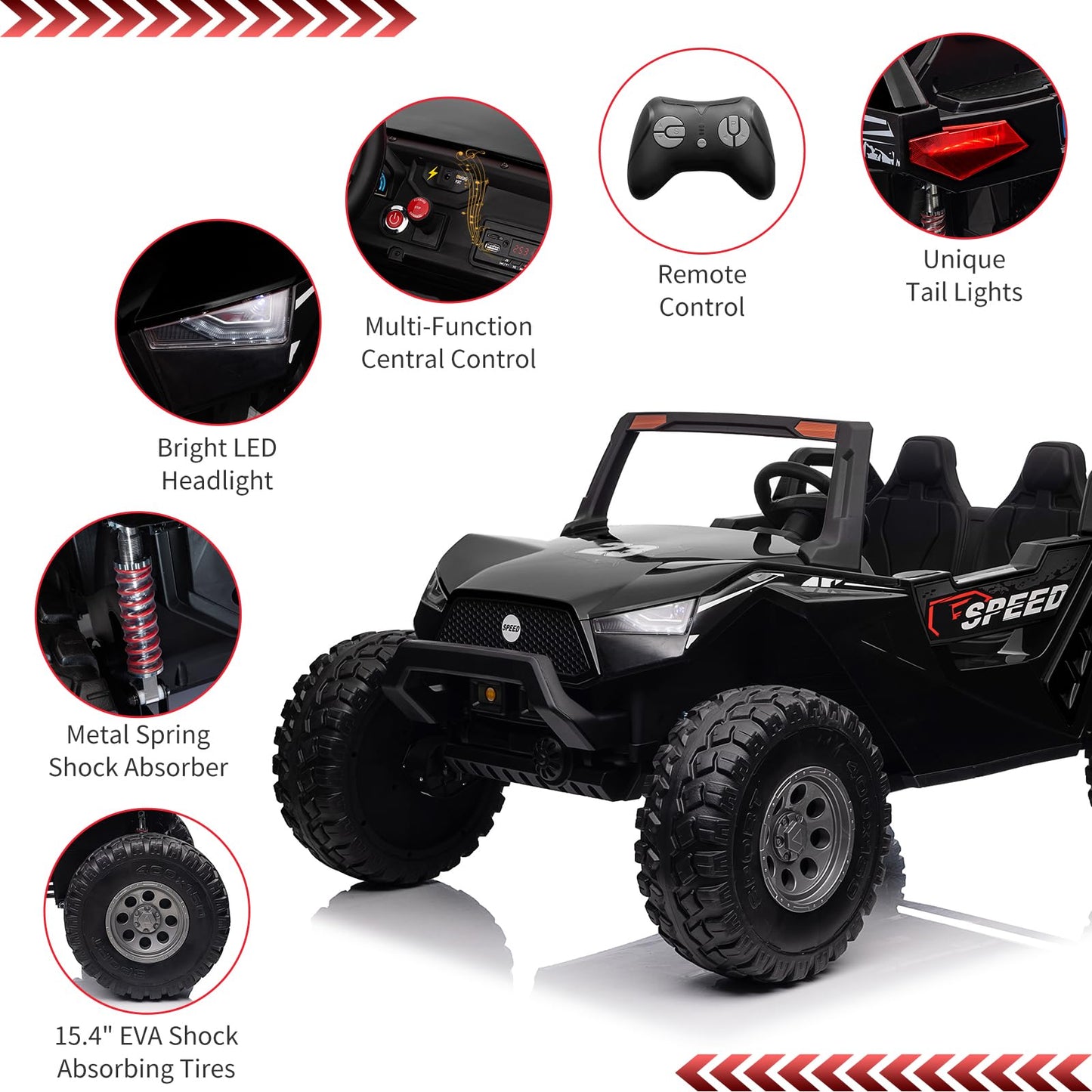 Garvee Ride - P Series: 24V 2-Seater Ride-On UTV: Remote Control, 4WD Motors, 21" Seats + Foldable Seat, 15.4" EVA Wheels, Music, LED Lights, 140lb Max Load - Black