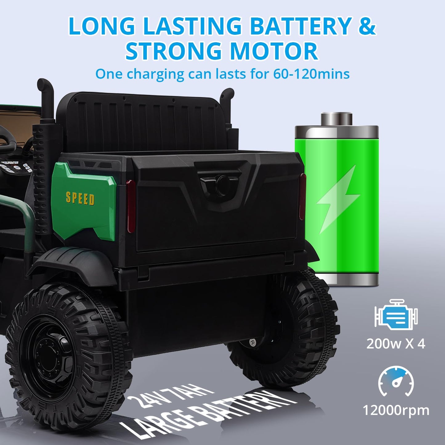 Garvee Ride - P Series: 24V Ride On Truck with Remote Control Electric UTV Vehicles with Dump Bed, 4WD Power 4x200W Motors,4xSpring Suspension, 3 Speeds, 2 Seater Kids Ride On Toys Best Gifts for Kids - Green