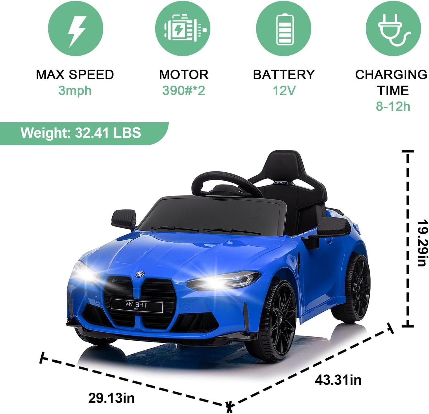Garvee Ride - P Series: 12V Electric Ride On Car for 37-83 Months, w/RC,Licensed by BMW M4,Power Wheels for Boys Girls, with Suspension System,3 Speeds, Bluetooth, MP3, Double Door, LED Light - Blue
