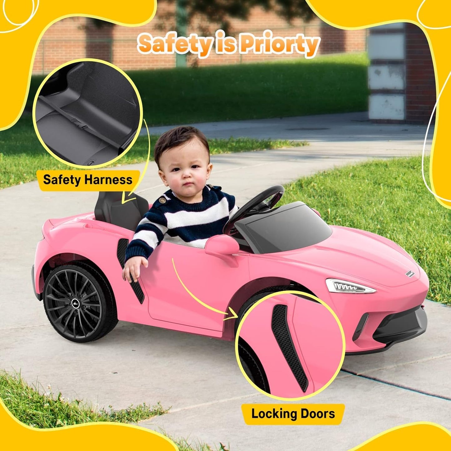 Garvee Ride - P Series: 12V Kids Ride on Car, Licensed Mclaren Battery Powered Electric Car with Remote Control, 3 Speeds, Bluetooth Music, Horn, LED Lights, 4-Wheel Ride on Toys - Pink
