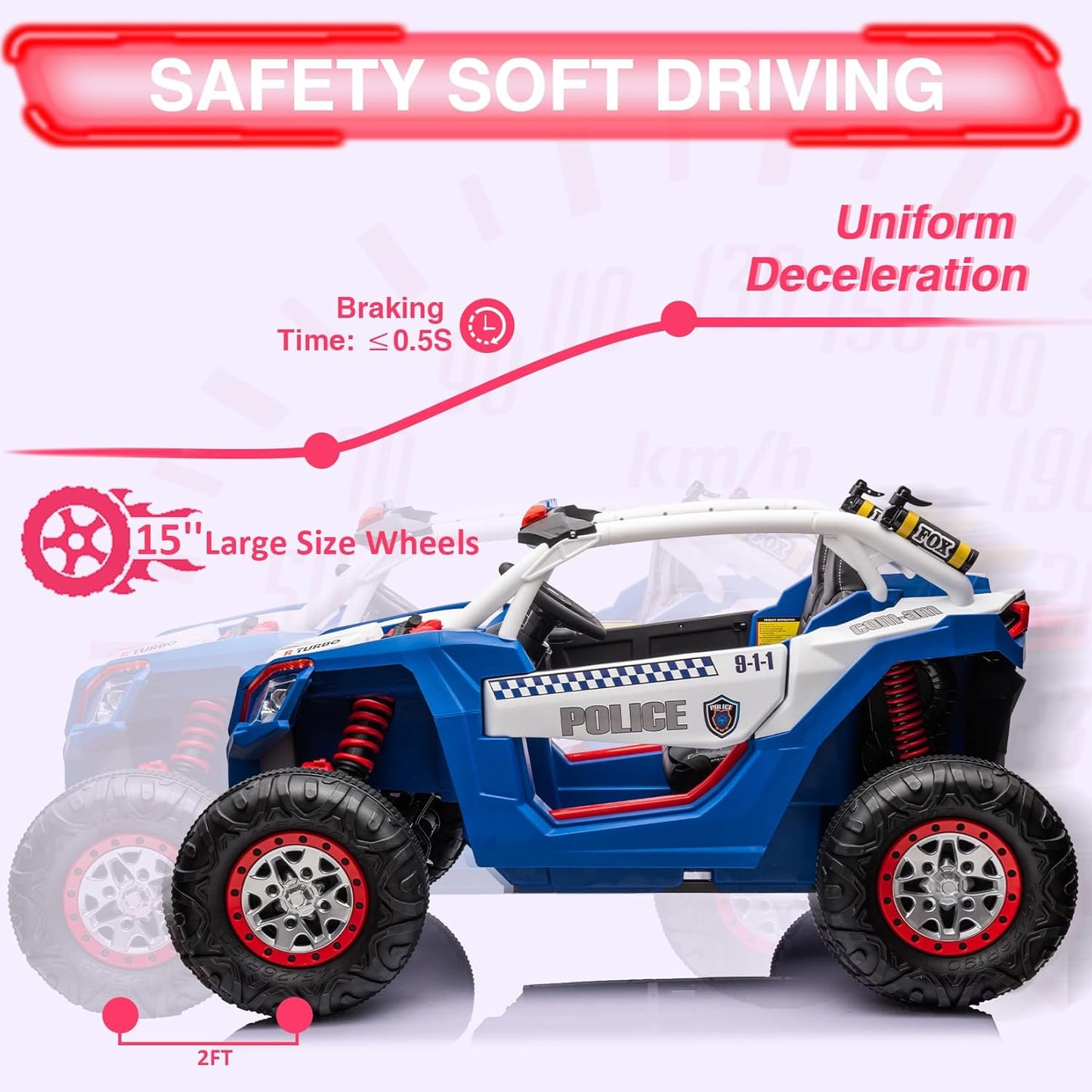 Garvee Ride - P Series: 24V 2 Seater Kids Ride on UTV Car For age 3+, w/Remote Control, 4WD Powerful Electric Vehicle with 4x75W Motors, 4 Shock Absorber, Leather Seat, Music and Light - Blue