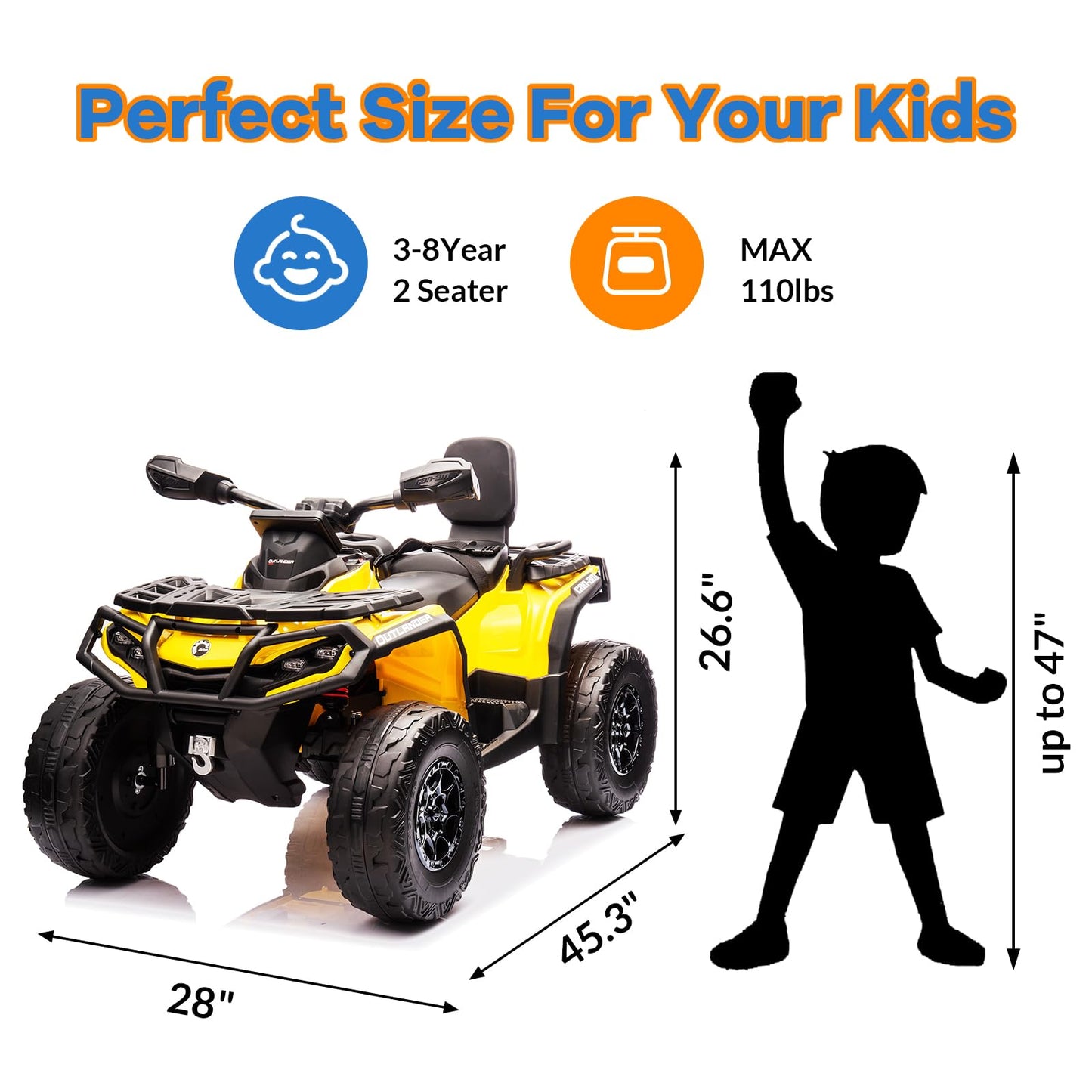 Garvee Ride - P Series: 12V Kids Ride On Electric ATV, 2 Leather Seater ATV Car for Kids, 27V Kids Ride On Toys with LED Headlights, Bluetooth & Music, Adjusted Speeds 2-4 MPH, Ride On Toys for Kids 3-8,Yellow