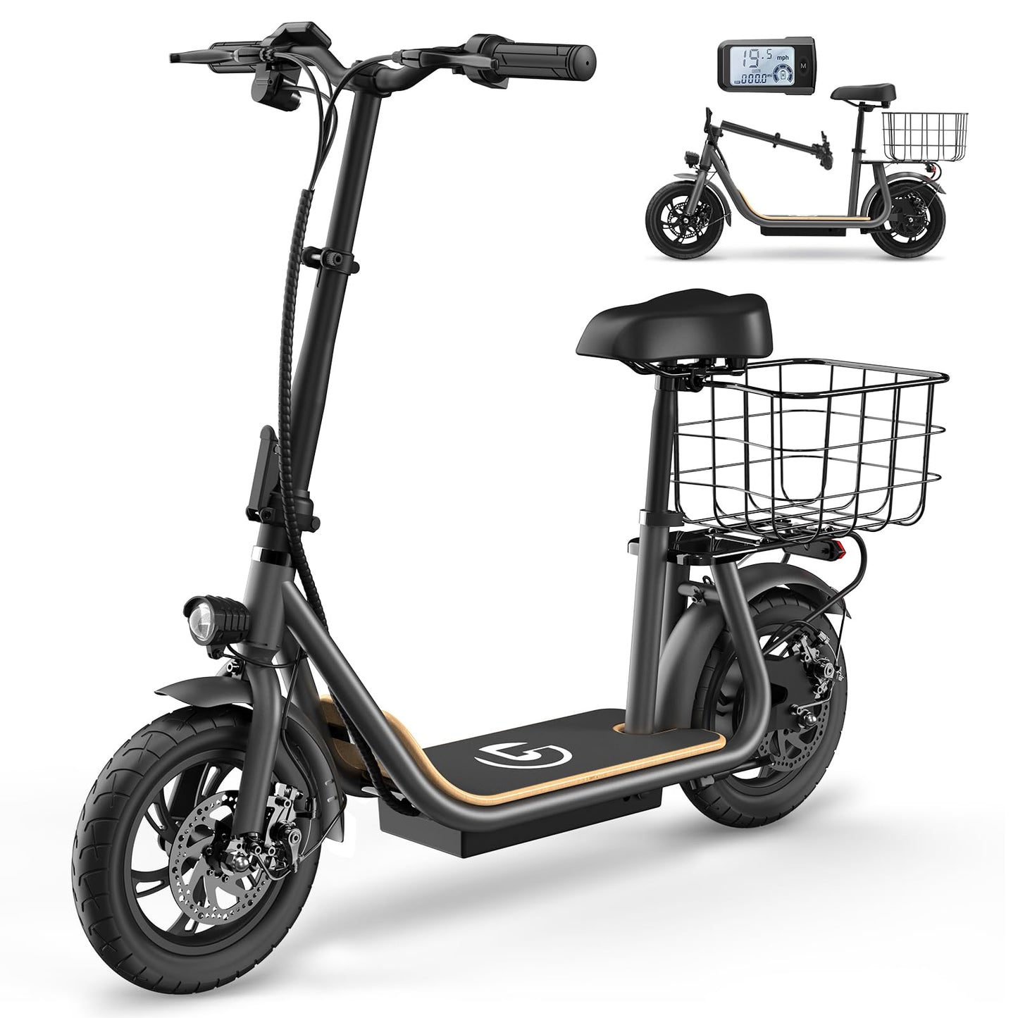 Garvee Ultimate Comfort with Electric Scooter - Long 37.5 Miles Range, 20mph Speed, Powerful 500W Motor, 46V Battery,12" Pneumatic Tire, Adjustable Seat & Deck, Carry Basket