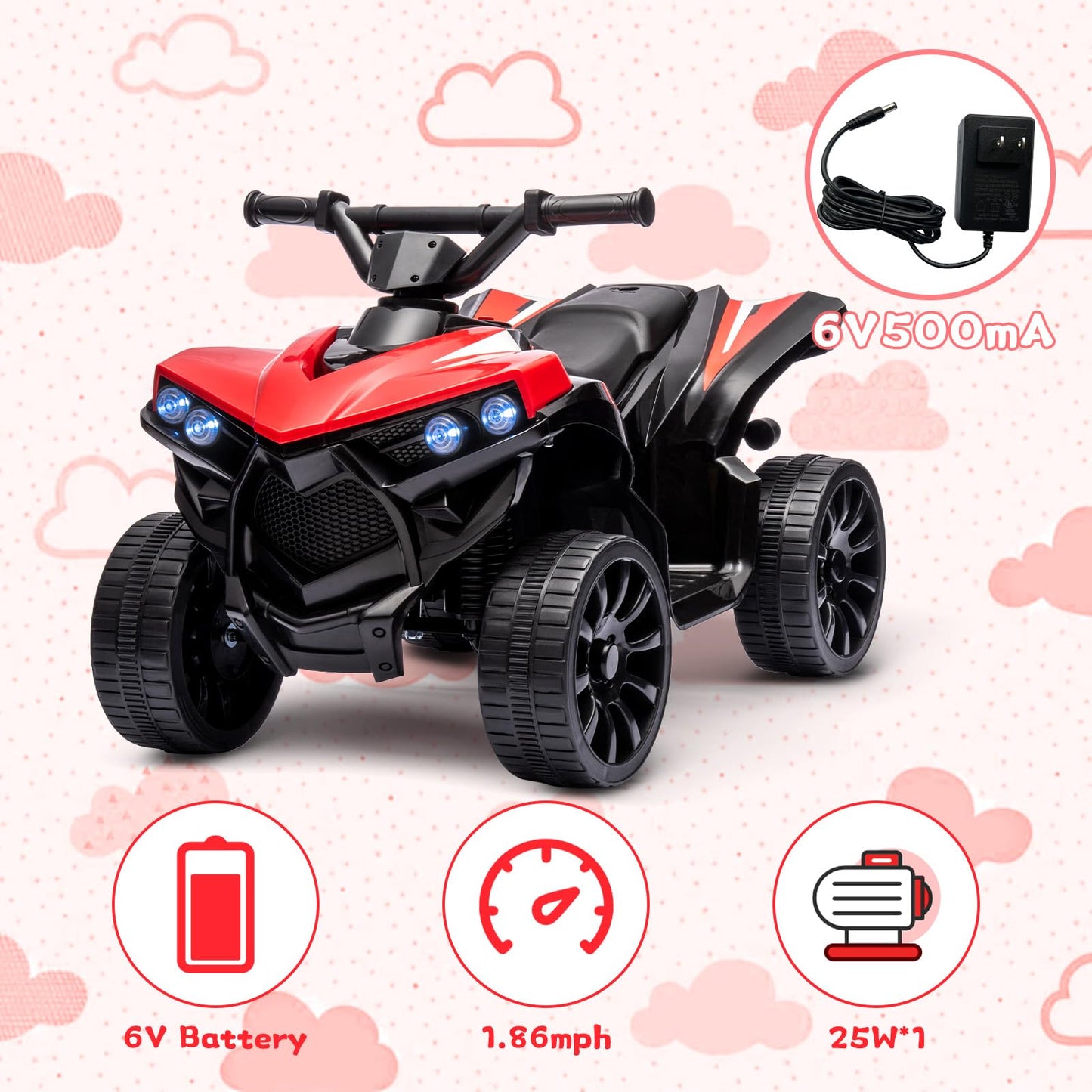 Garvee Ride - P Series: 6V Quad ATV for Kids Toddler 3+ years, Max 55lb Capacity ，With LED, Music, Foot Pedal, Wear-Resistant Wheels, 1.9 MPH - Red