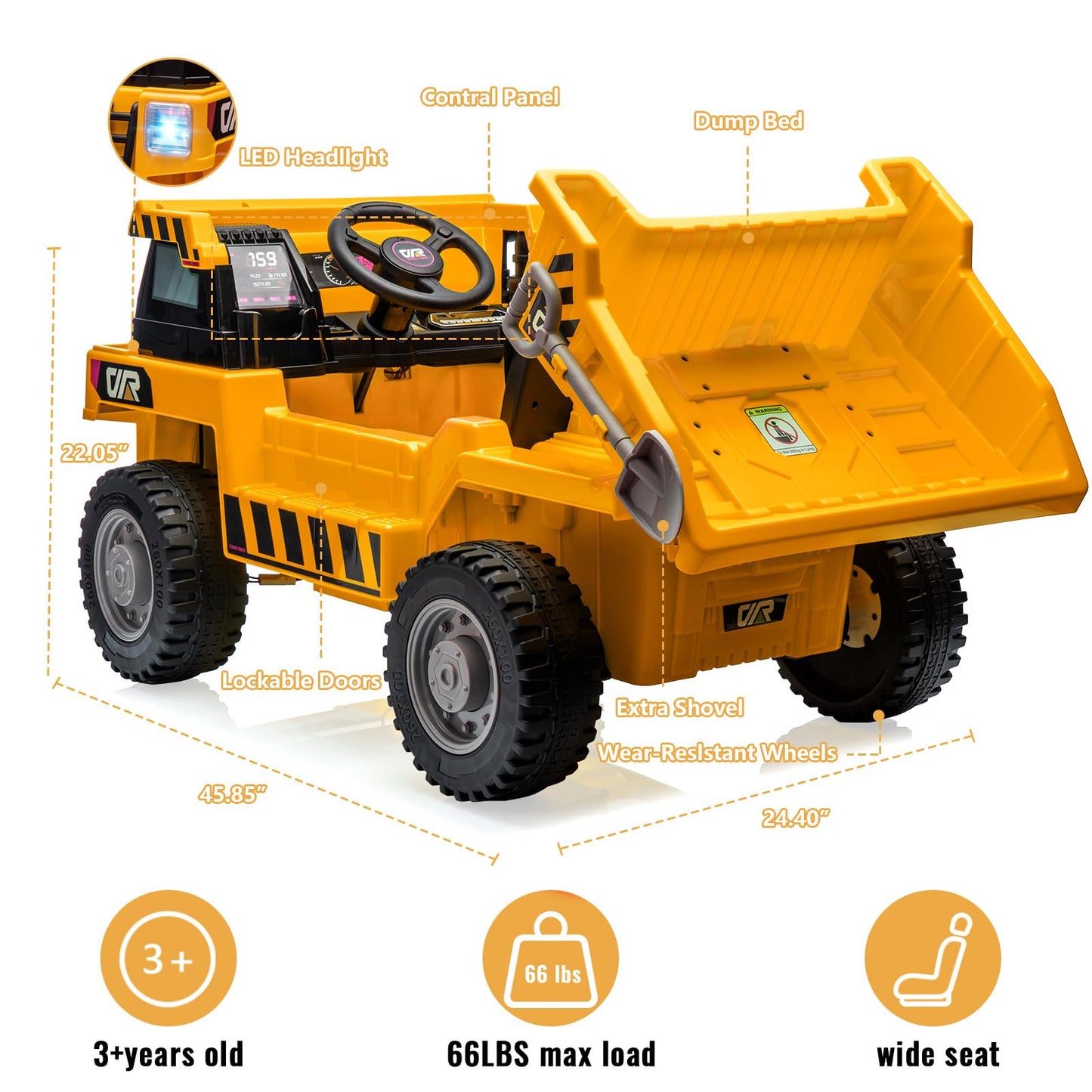 Garvee Ride - P Series: 12V with Electric Dump Bed, Remote Control, MP3, USB, Music Player, Yellow, Safe All-Terrain Tires