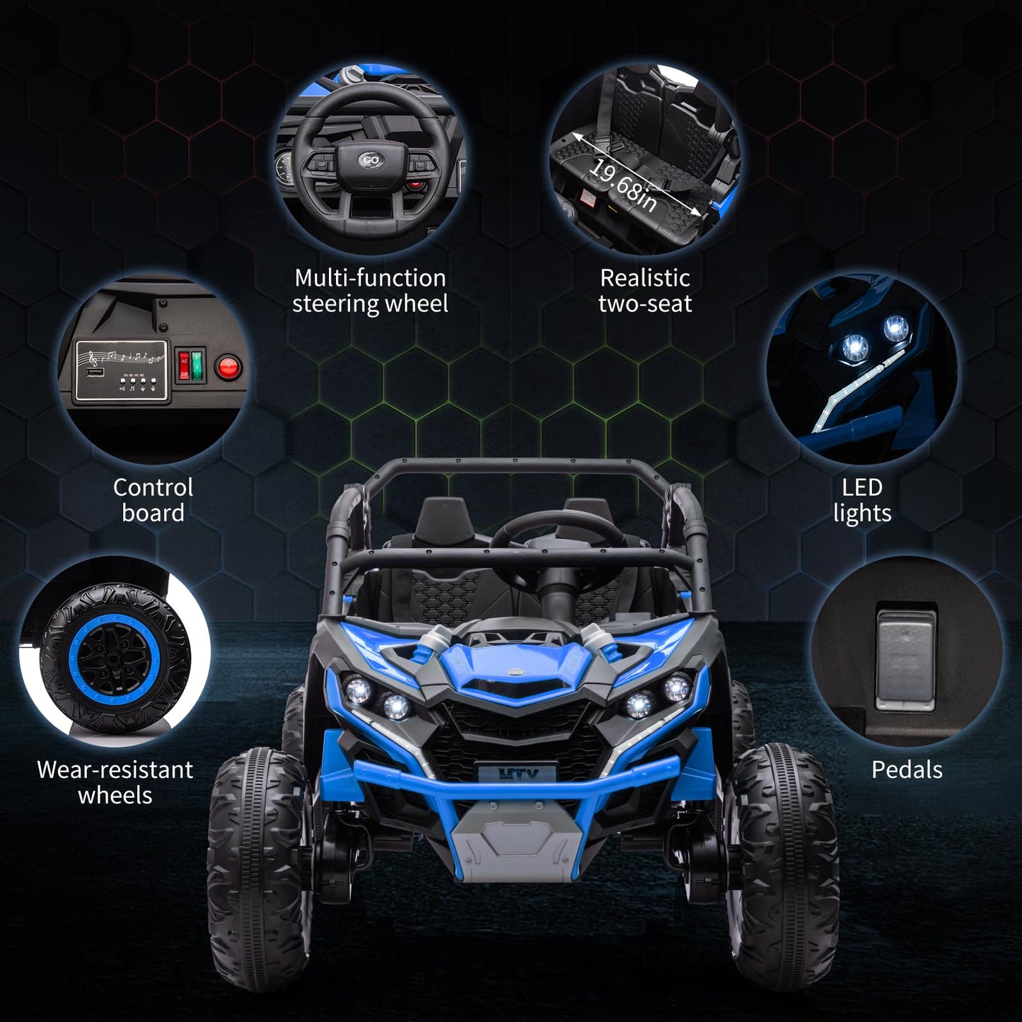 Garvee Ride - P Series: 24V Ride On Utv For Kids,2 Seater 4WD Electric Truck With Remote Control, High And Low Speed Adjustment, Led Lights, 4 Shock Absorbersm,One Click Start, Music Player(Blue)