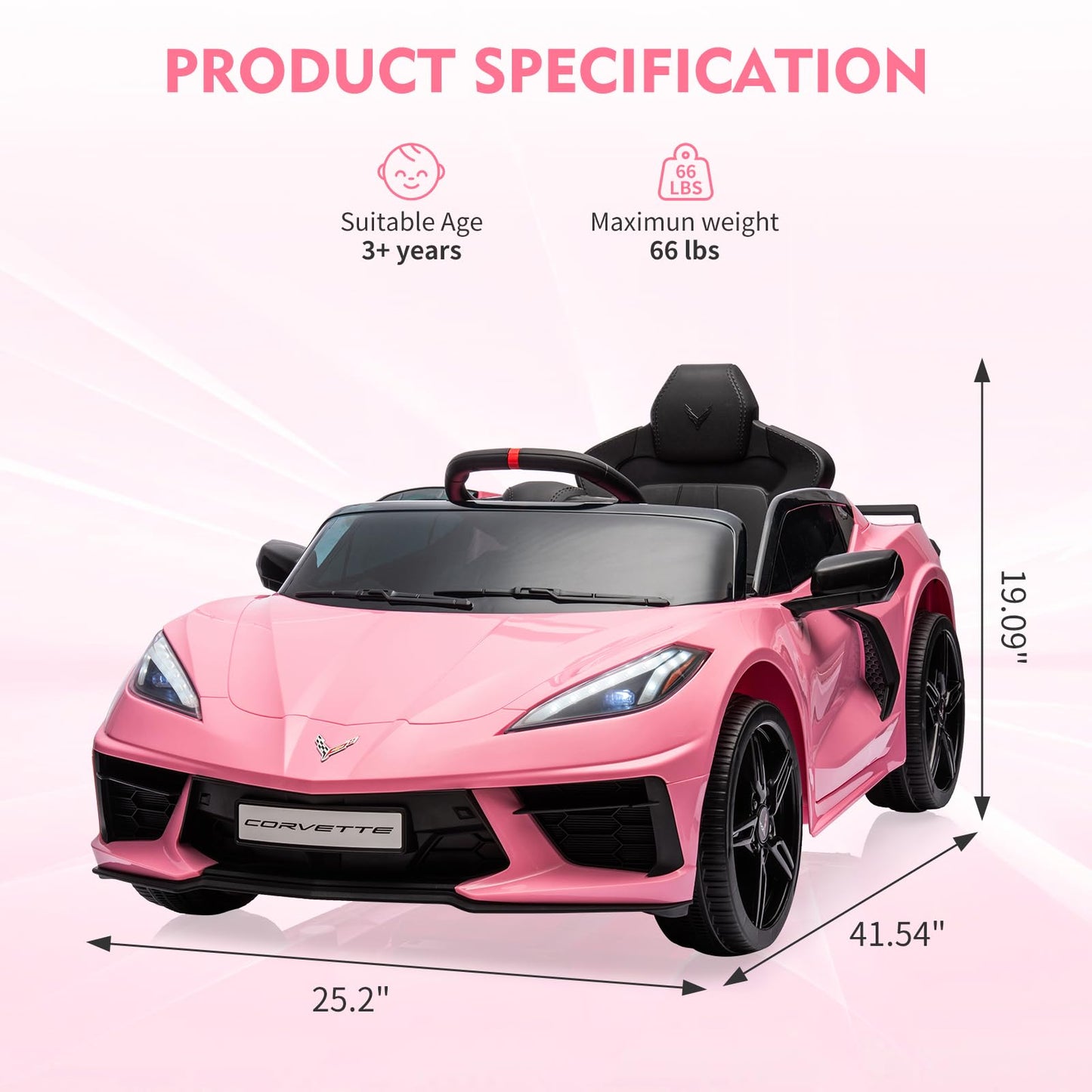 Garvee Ride - P Series: 12V Kids Ride on Car Licensed Corvette Battery Powered Car Toddles Electric Sports Car Toy with Remote Control, Visual Dashboard, LED Lights, Music, Gifts for Boys Girls, Pink