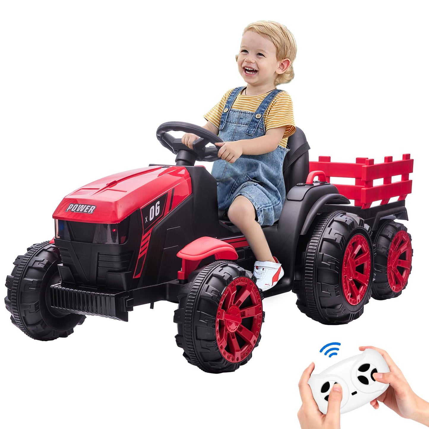 Garvee Ride - P Series: 12V Kids Ride On Tractor with Trailer, LED Lights for Boy Girl - Red