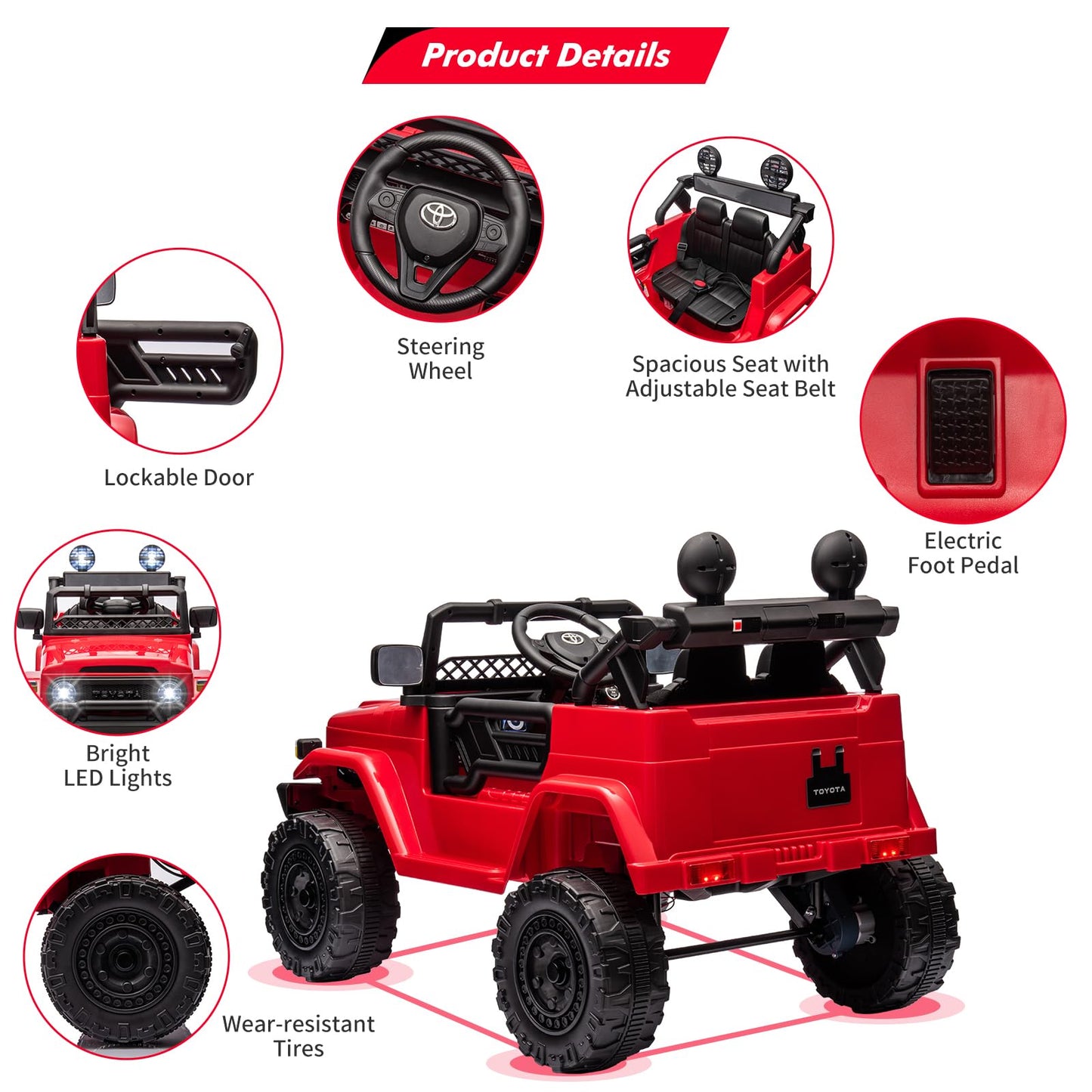Garvee Ride - P Series: 12V Ride on Car for Kids, Licensed Toyota Ride on Truck, Battery Powered Electric Kids Car with Remote Control, Music, LED Lights, Suspension System, Double Doors, Safety Belt,Ride On Toy - Red