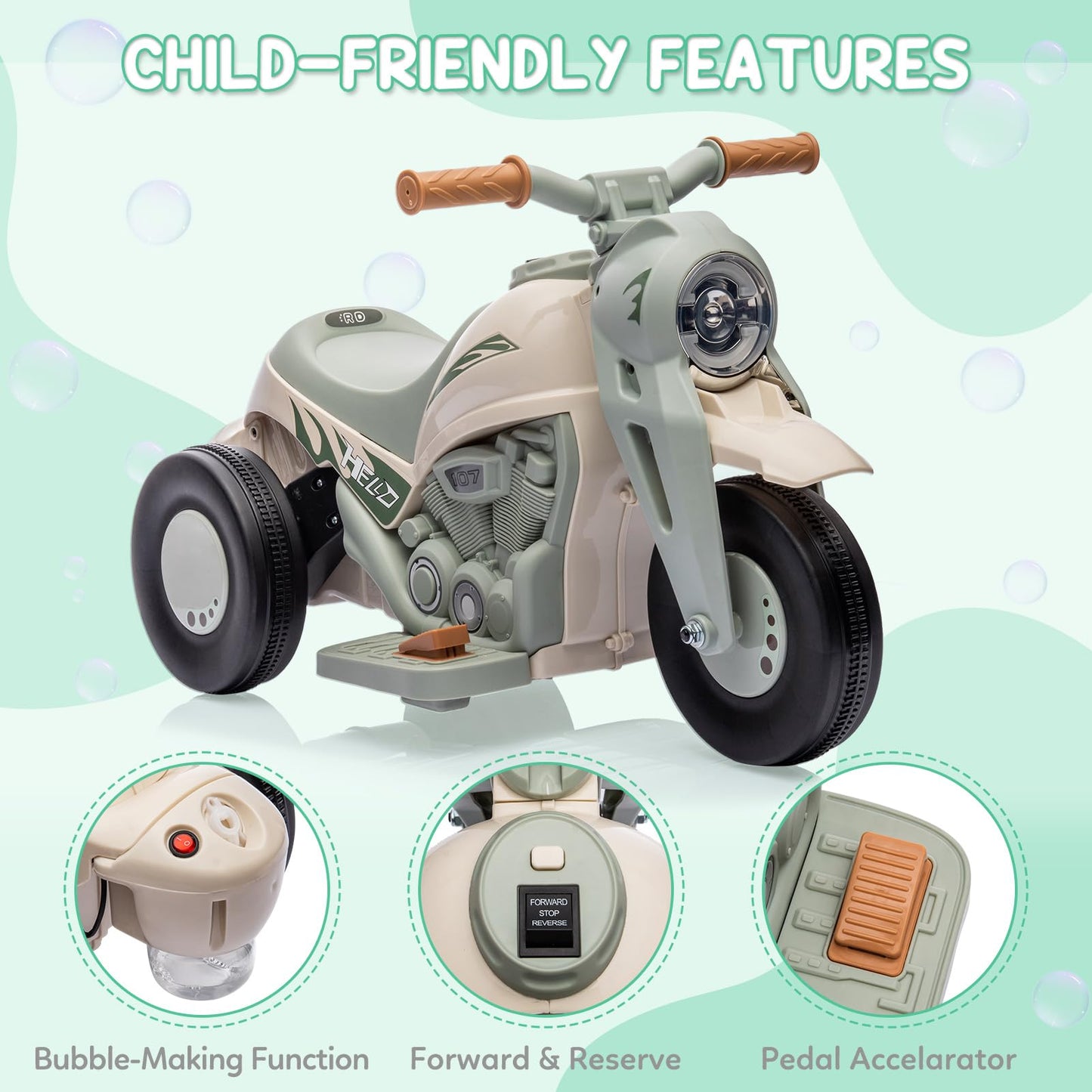 Garvee Ride - P Series: 6V Battery-Powered Electric Motorcycle with 1.9 Mph Speed, Led Headlights, Music, Pedal, Forward/Reverse, 3 Wheels | Motorbike Toy Gift for Toddlers 3 and Up - B