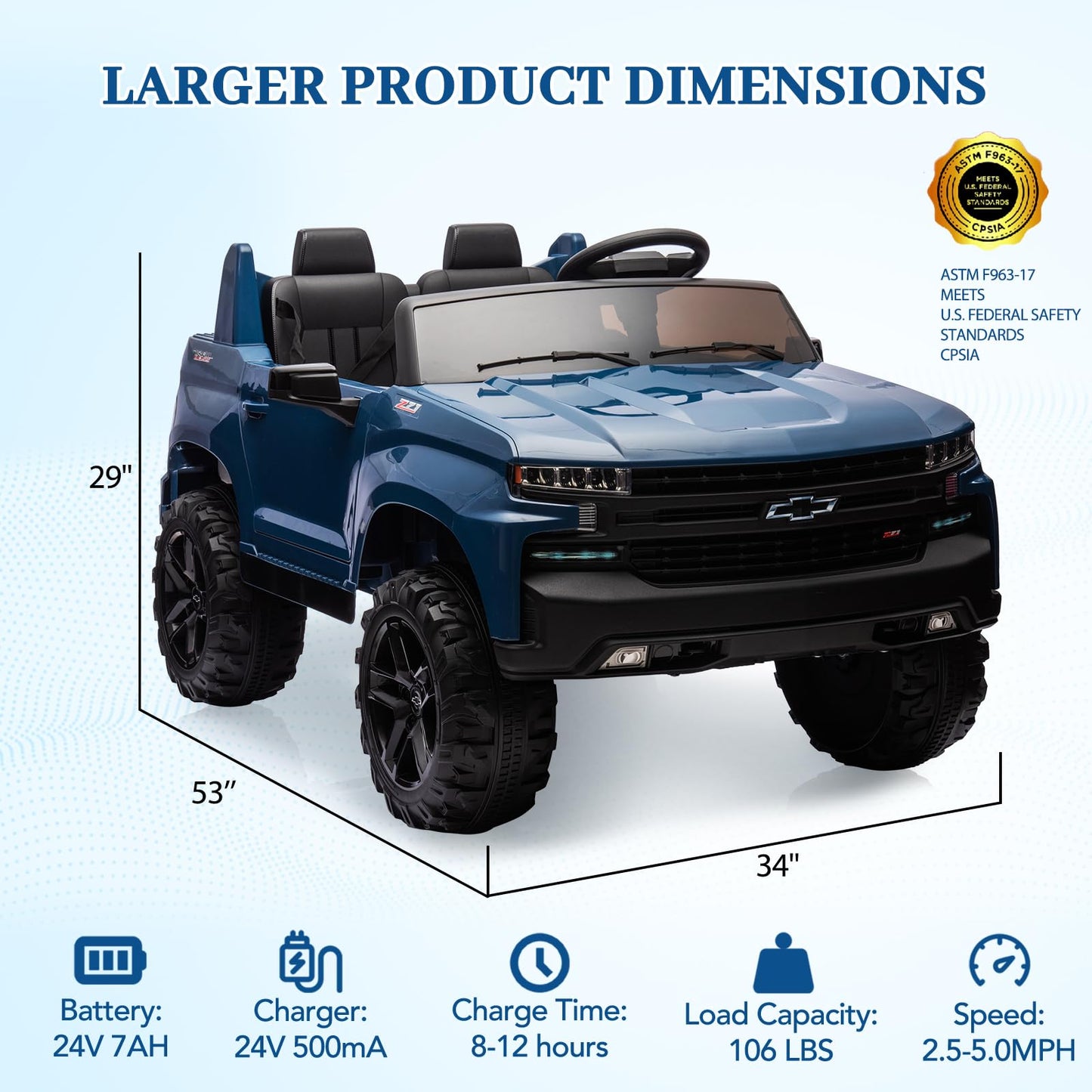 Garvee Ride - P Series: 24V 2-Seater Ride On Car For Kids For 3 - 8 years, Licensed Chevrolet Silverado - Blue