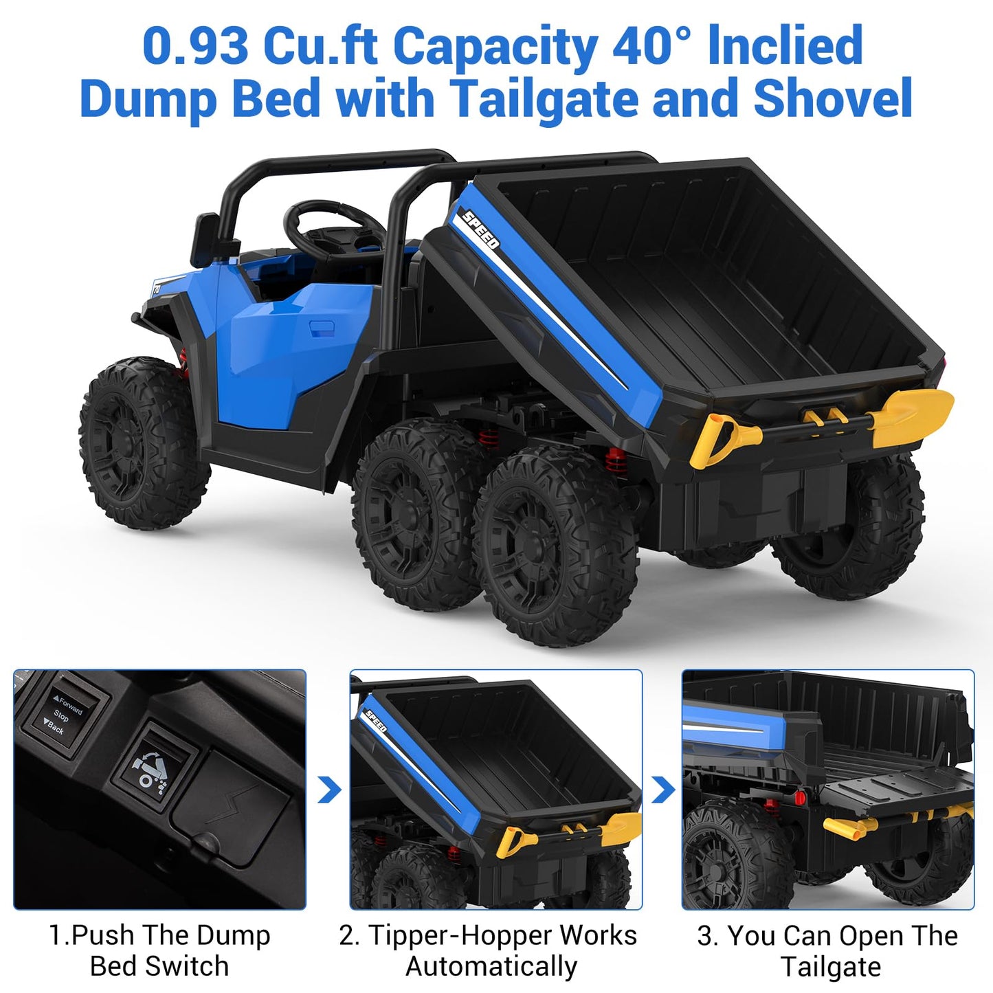 Garvee Ride - P Series: 24V 4WD Electric Ride On Dump Truck with Remote Control, 2-Seater, Music Player, LED Lights, Key Start Safety System, Durable Plastic, Off-Road Kids Toy for Ages 3+ - Blue
