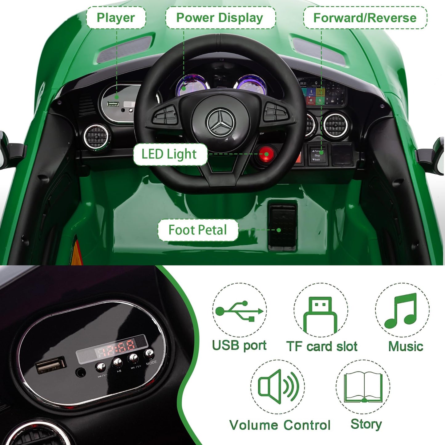 Garvee Ride Car for Kids, 12V Power Battery Electric Vehicles for 3-7 Toddlers, Licensed Mercedes-Benz with Remote Control, MP3 Player - Green