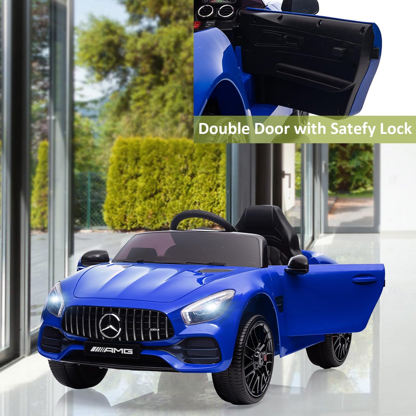 Garvee Ride Car for Kids, 12V Power Battery Electric Vehicles for 3-7 Toddlers, Licensed Mercedes-Benz with Remote Control, MP3 Player - Blue